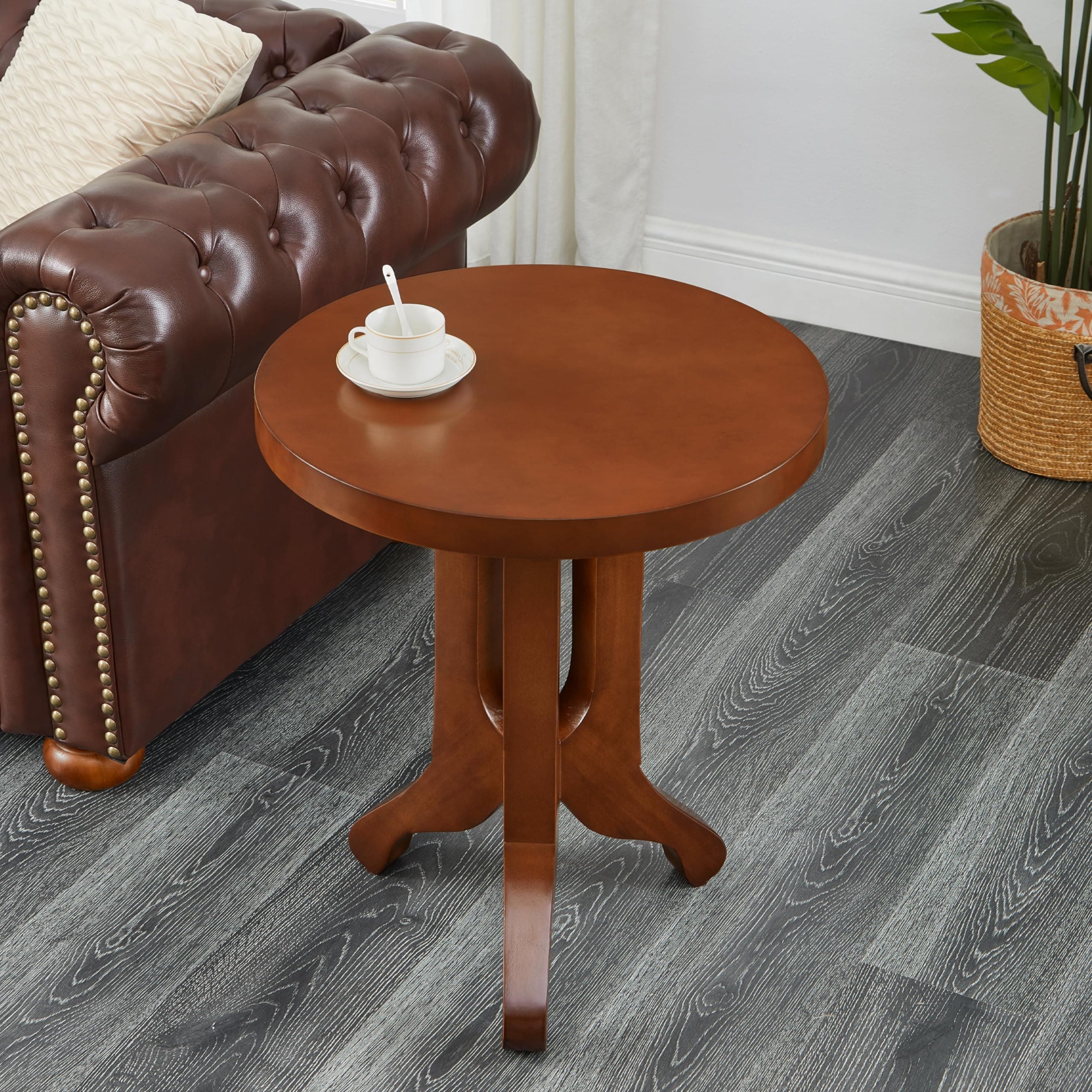 Small Round Wood End Table with Tripod Base, Modern Circle Sofa Side Table, Natural Wooden Nightstand Beside Table for Living Room, Bedroom, Easy Assembly(Cherry, 21.65x21.65x25.59 in)