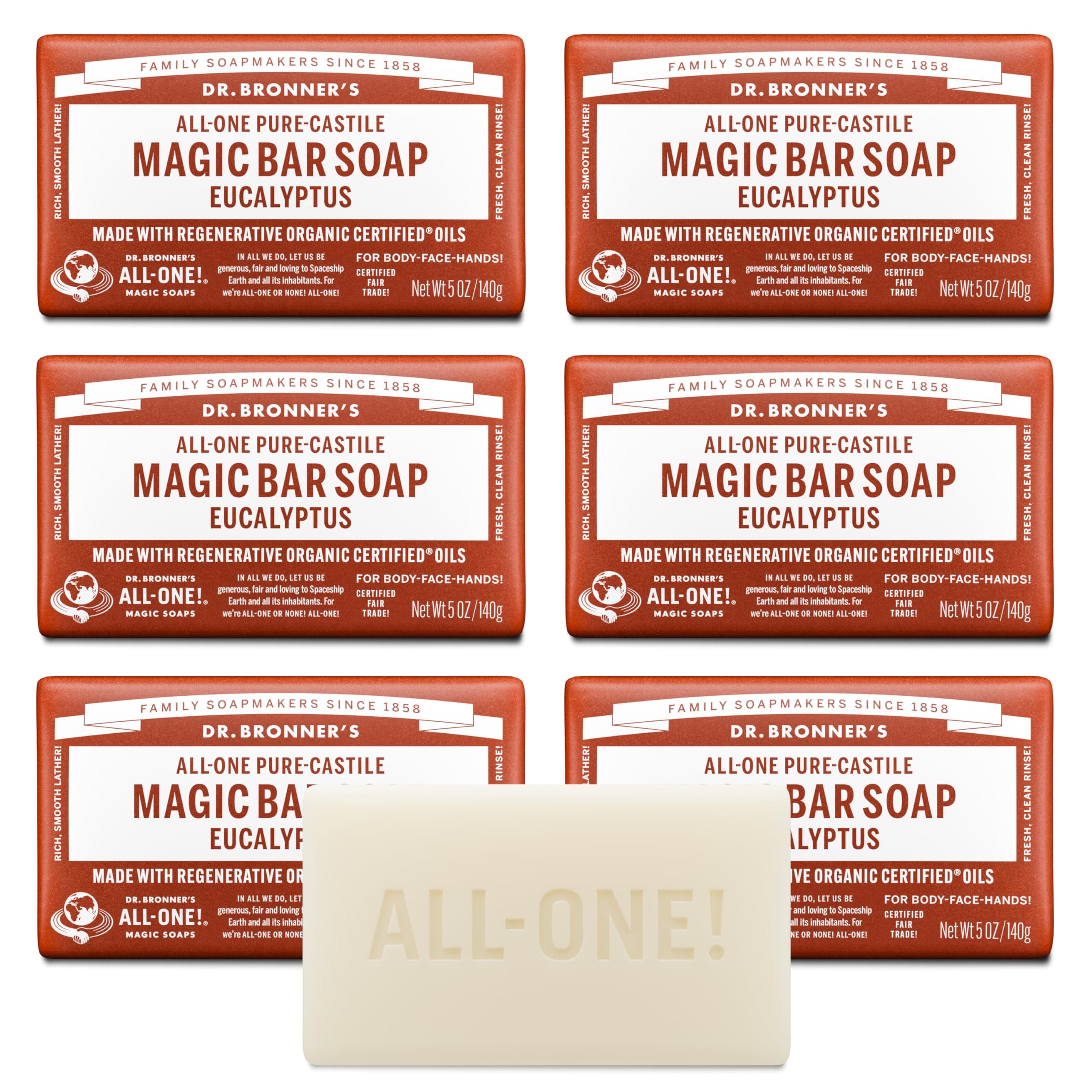 Pure-Castile Magic Soap Bars (Eucalyptus, 5 oz, 6-Pack)- Made with Regenerative Organic Certified Oils for Face, Body & Hair - Gentle, Vegan- Bar Soaps for Men & Women
