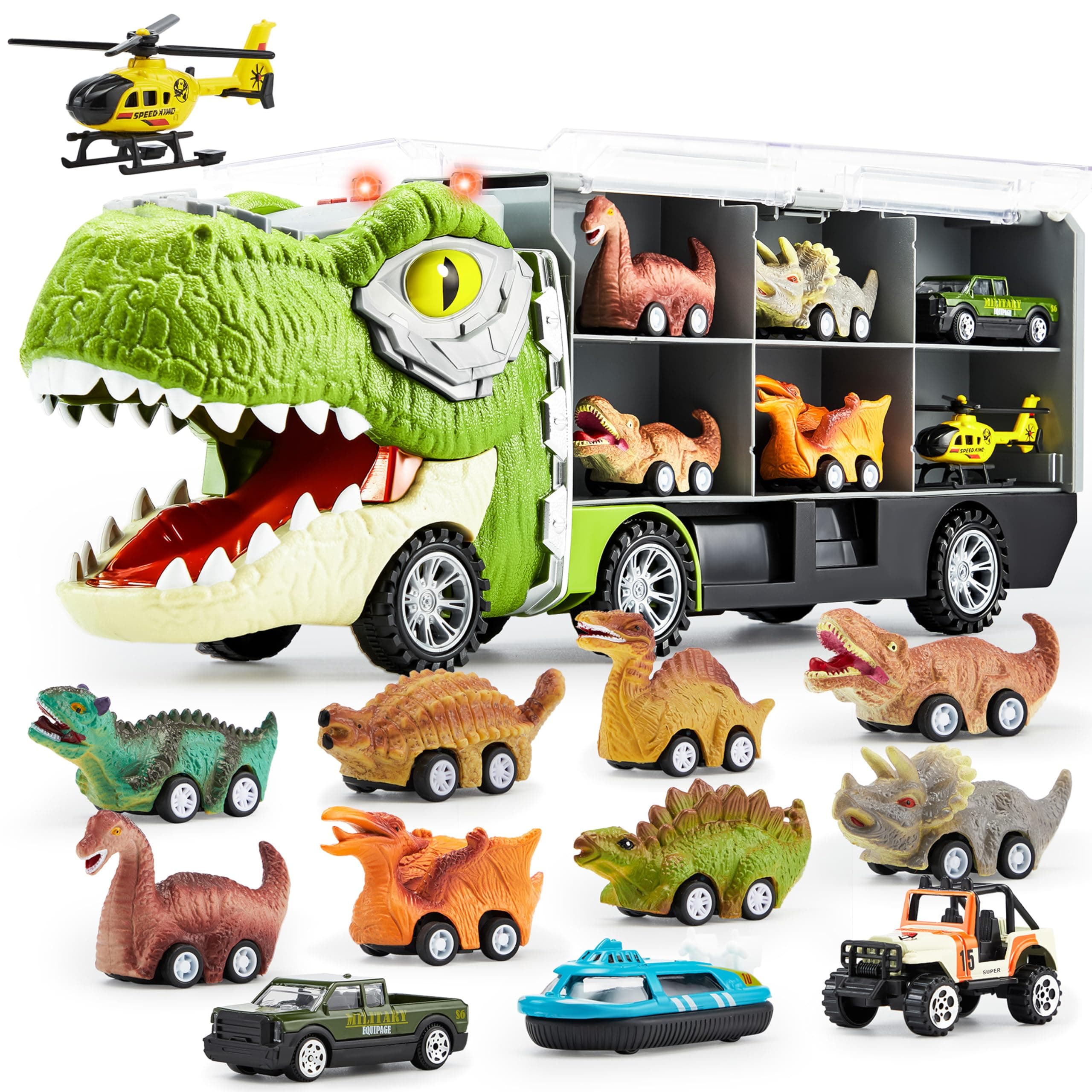 JOYIN Dinosaur Truck Toys for Kids Age 3-8, 12 Pull Back Car Vehicles, Transport Truck With Music, Roaring Sound, Flashing Lights, 1 Helicopter