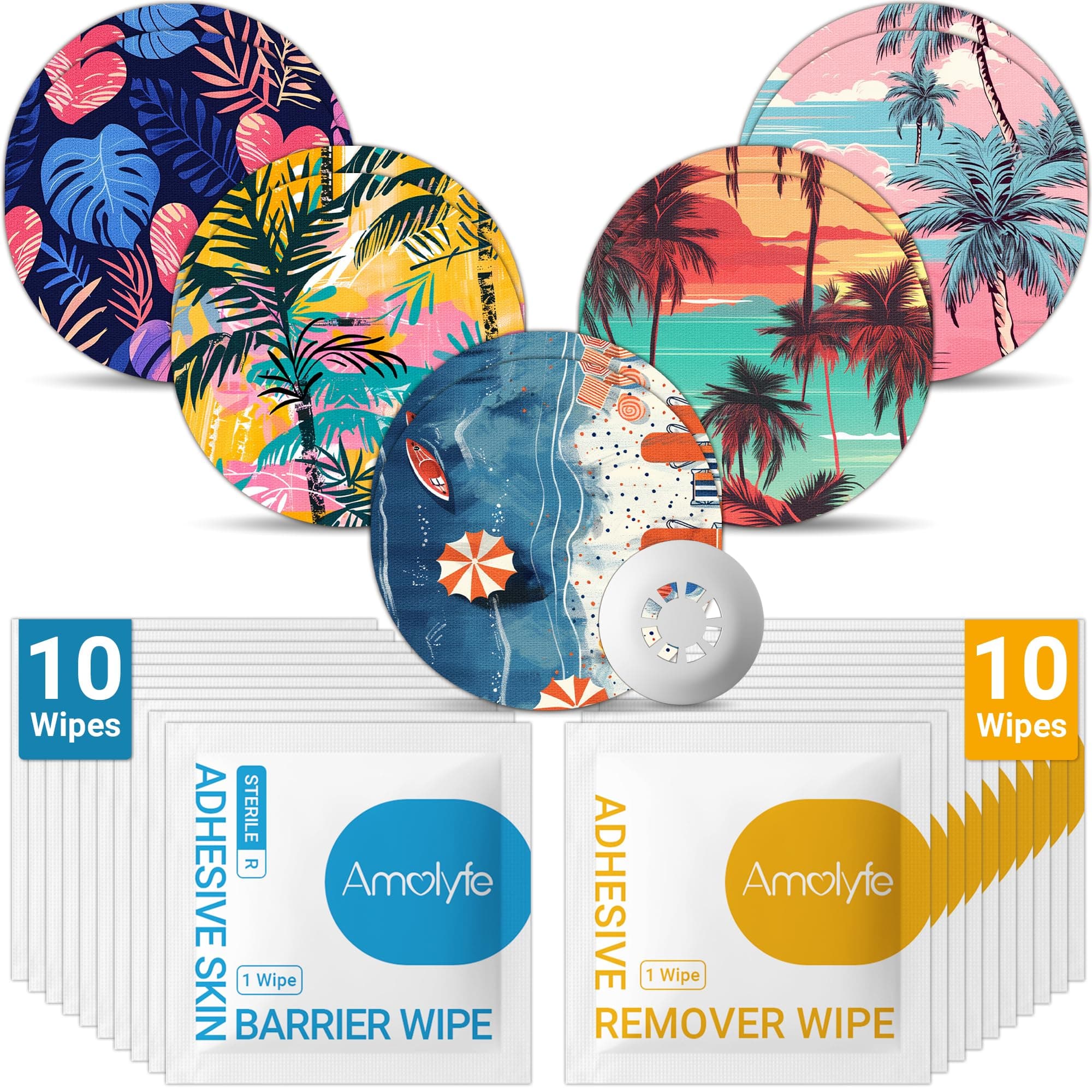 Libre 3 Sensor Covers Solution Kit - 10 Pack Libre 3 & Plus Covers Waterproof, 10 Skin Barrier Wipes & 10 Adhesive Remover Wipes for Enhanced Adhesion & Skin Protection (Beach Sunset)