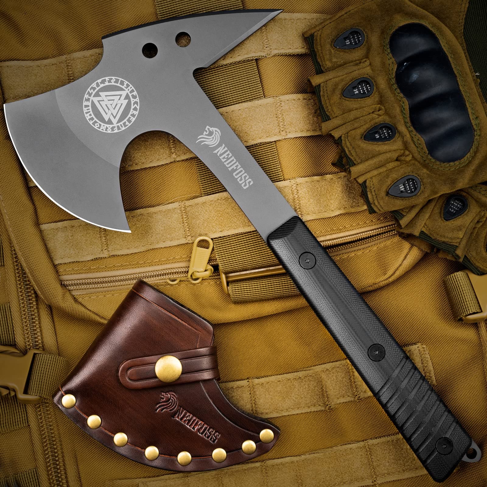 NedFoss Eagle 13" Full Tang Tactical Tomahawk with Spike, G10 Handle and Titanium Coated Blade, Survival Tomahawk Axe with Leather Sheath, Viking Tomahawk for Camping Survival