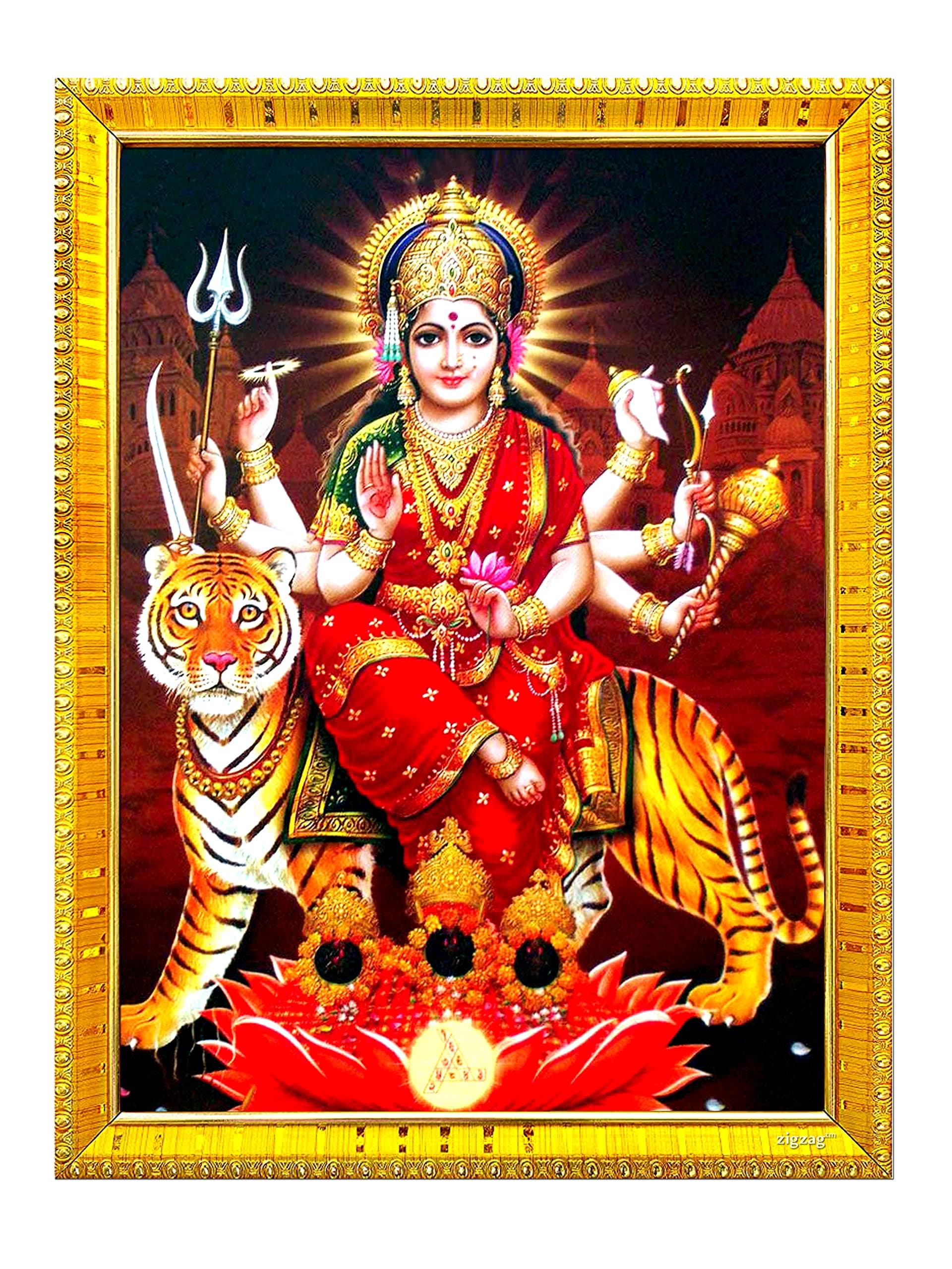 zig zag Durga Maa Photo Frame For Wall / Rectangular Table / Pooja Room ( 7x9 inches, Acrylic Glass)Golden