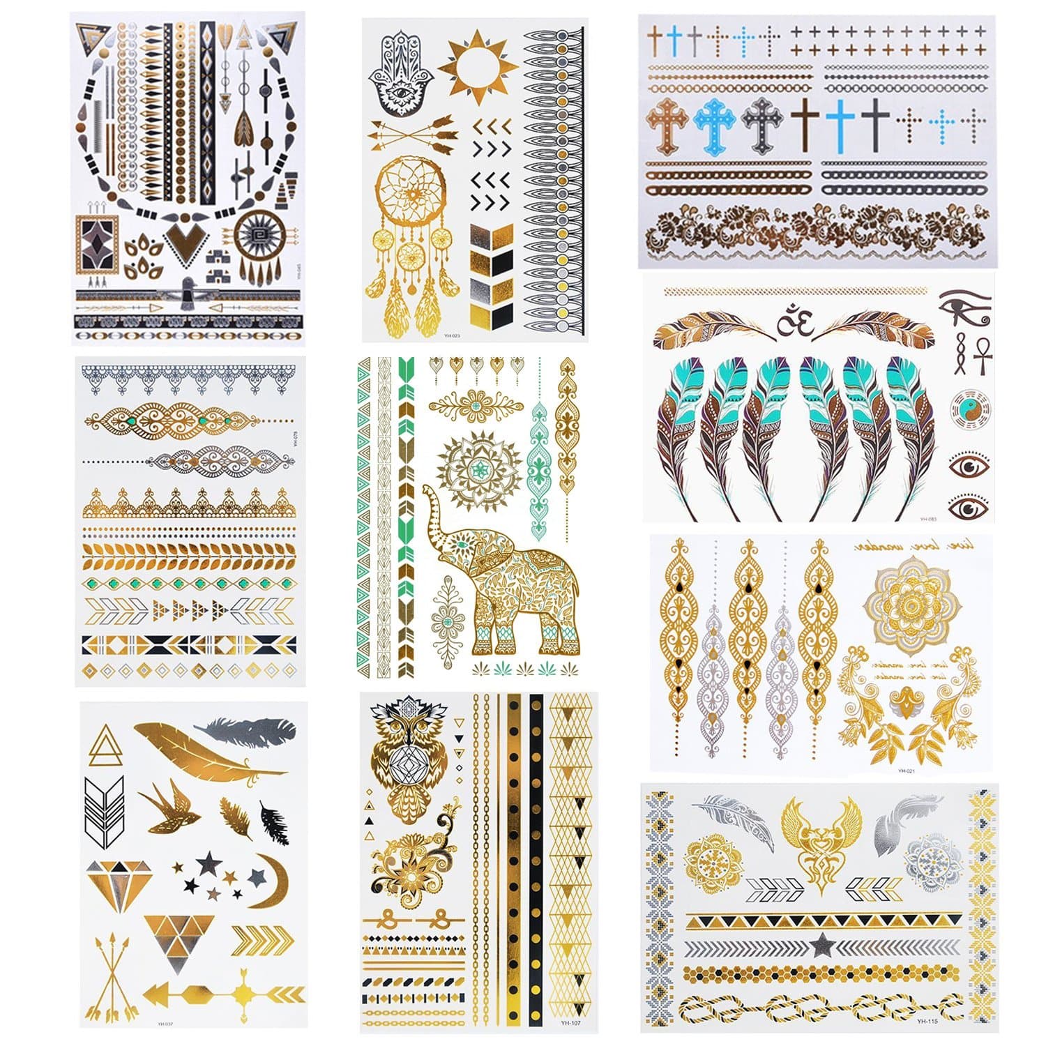 Metallic Temporary Tattoos, 10 Sheets 150+ Flash Tattoos Boho Shimmer Designs in Gold and Silver Premium Metallic Jewelry Tattoos (Multicoloured)