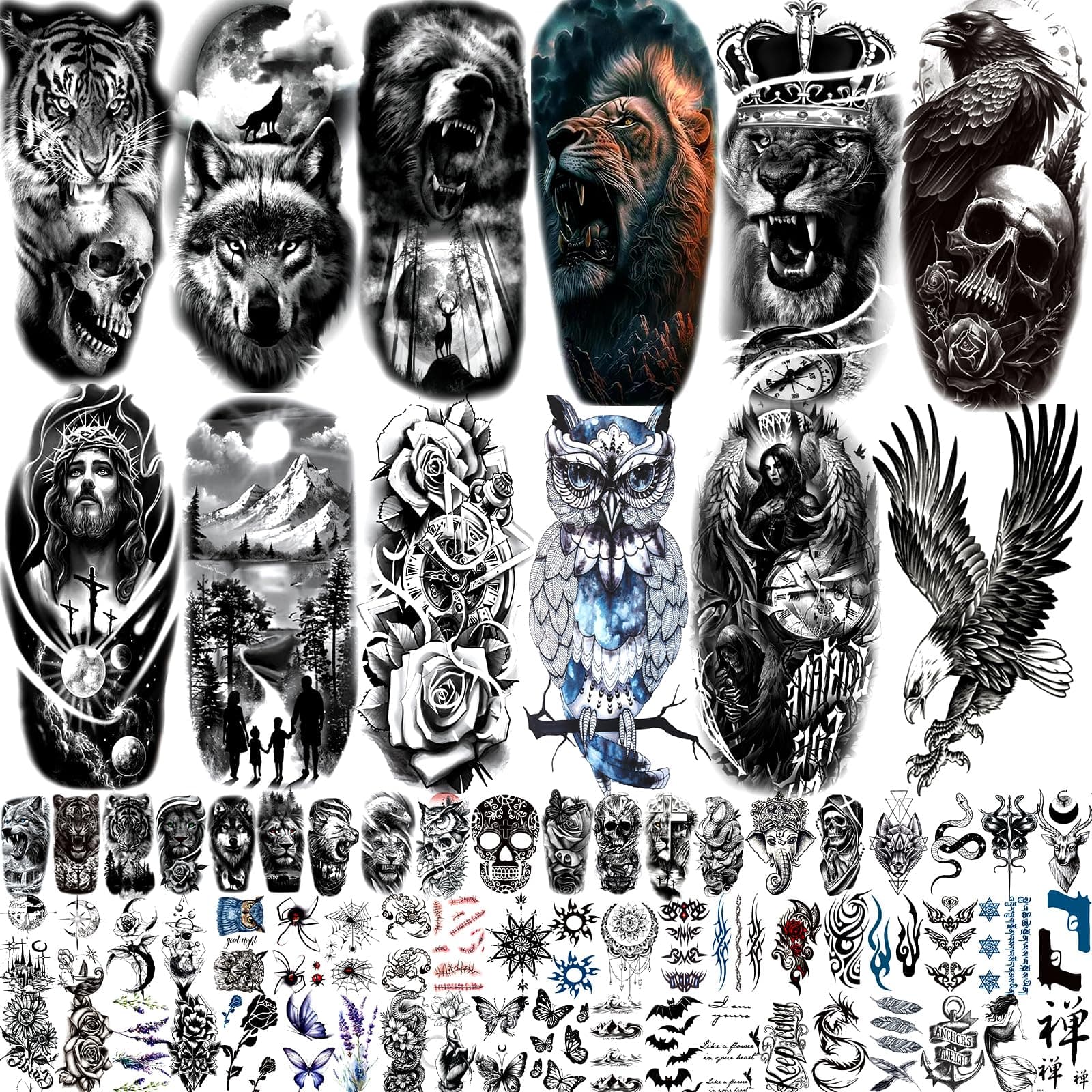 42 Sheets Temporary Tattoos Stickers (Include 10 Sheets Large Stickers), Fake Body Arm Chest Shoulder Tattoos for Men and Women
