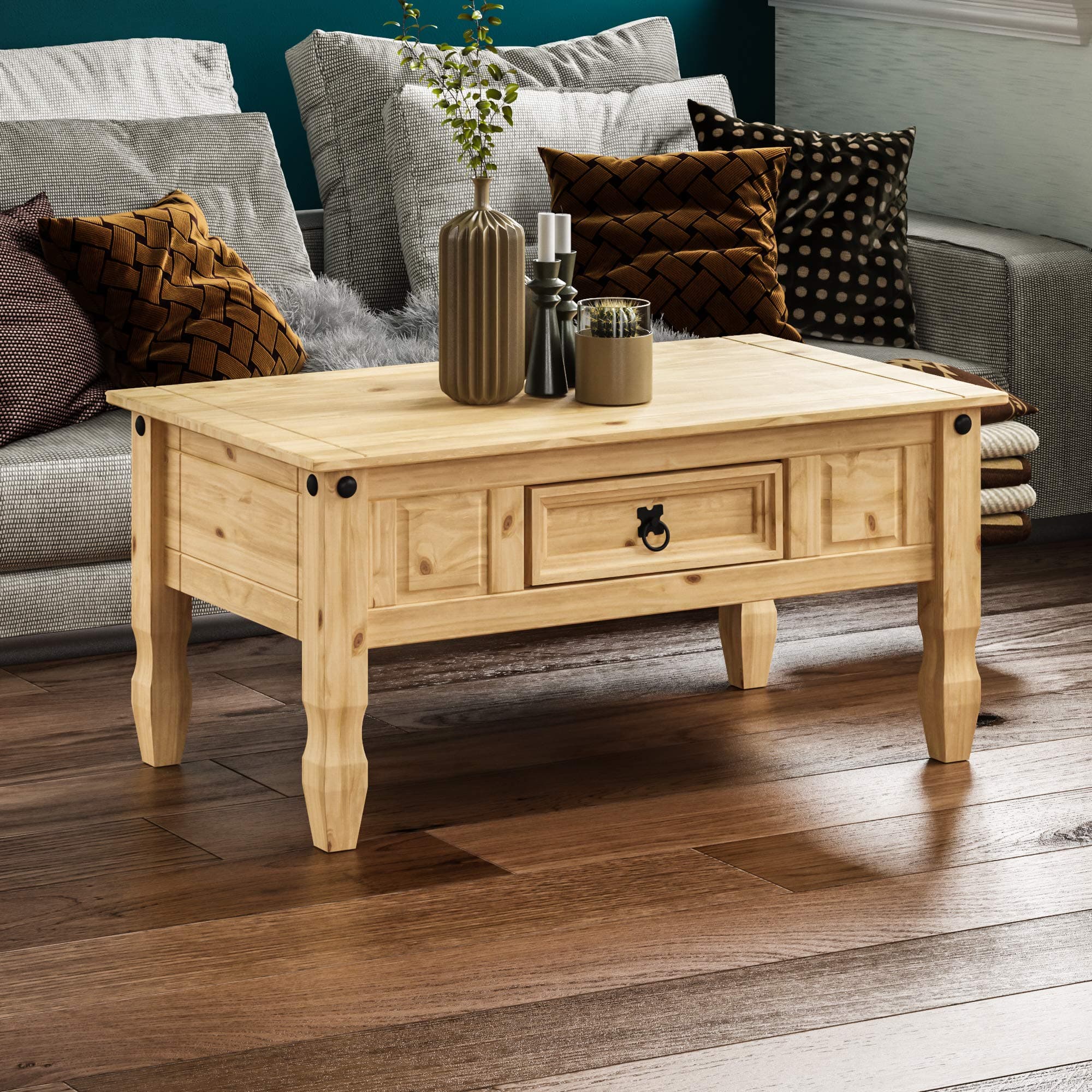 Vida Designs Coffee Table with Drawer, Rectangular, Waxed Solid Pine Wood, Traditional, Rustic, 56 x 94 x 45