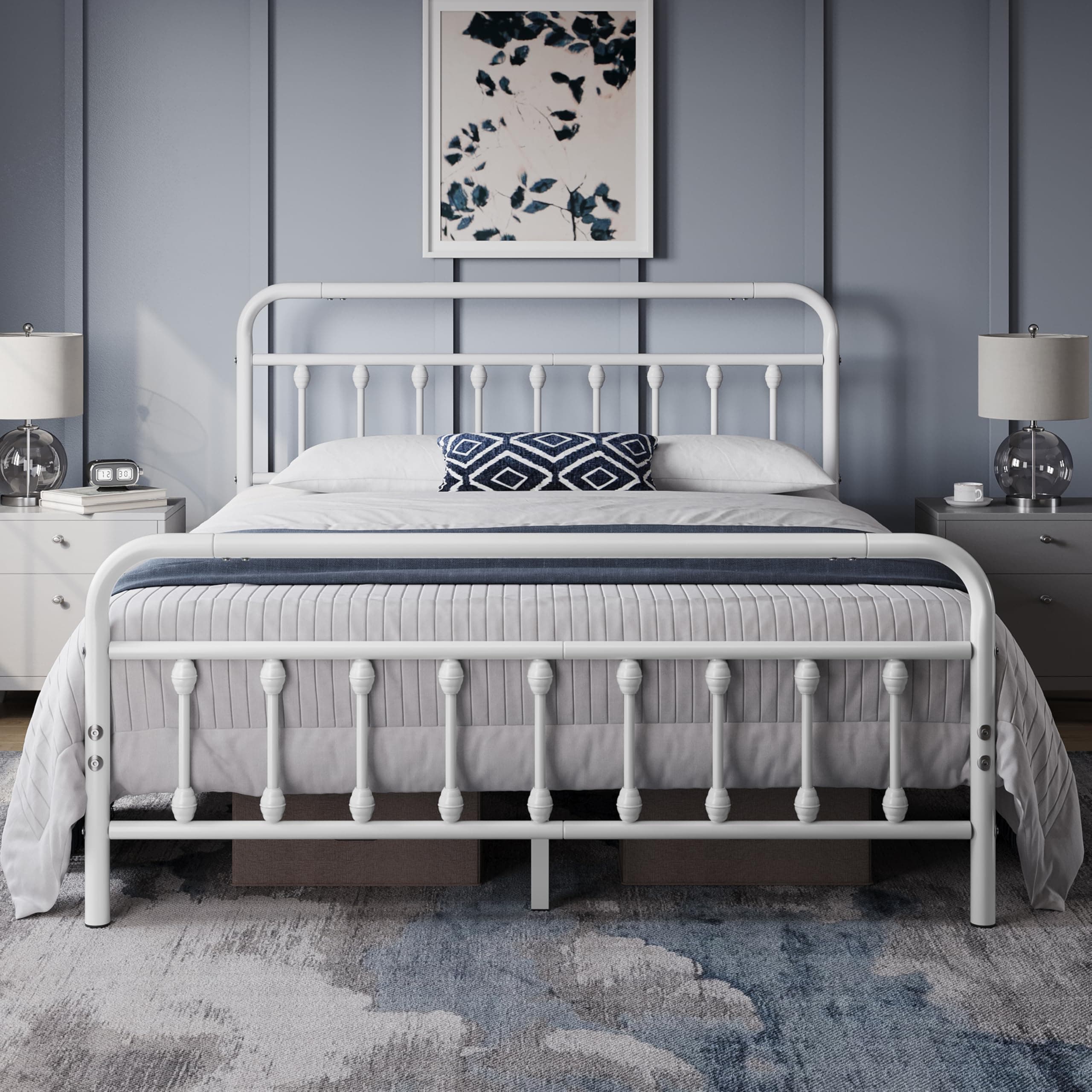 Yaheetech 5ft King Bed Frame Vintage Iron Platform Bed with High Headboard and Footboard, Strong Metal-Framed Bed with Storage White