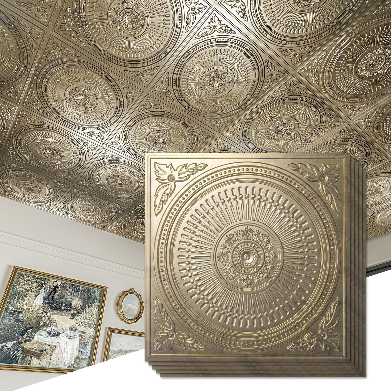 Art3d 12-Pack Drop Ceiling Tiles 2x2 FT, Decorative Easy Install PVC Ceiling Panels for Interior Kitchen Bathroom Basement, 24x24 Inch, Antique Gold