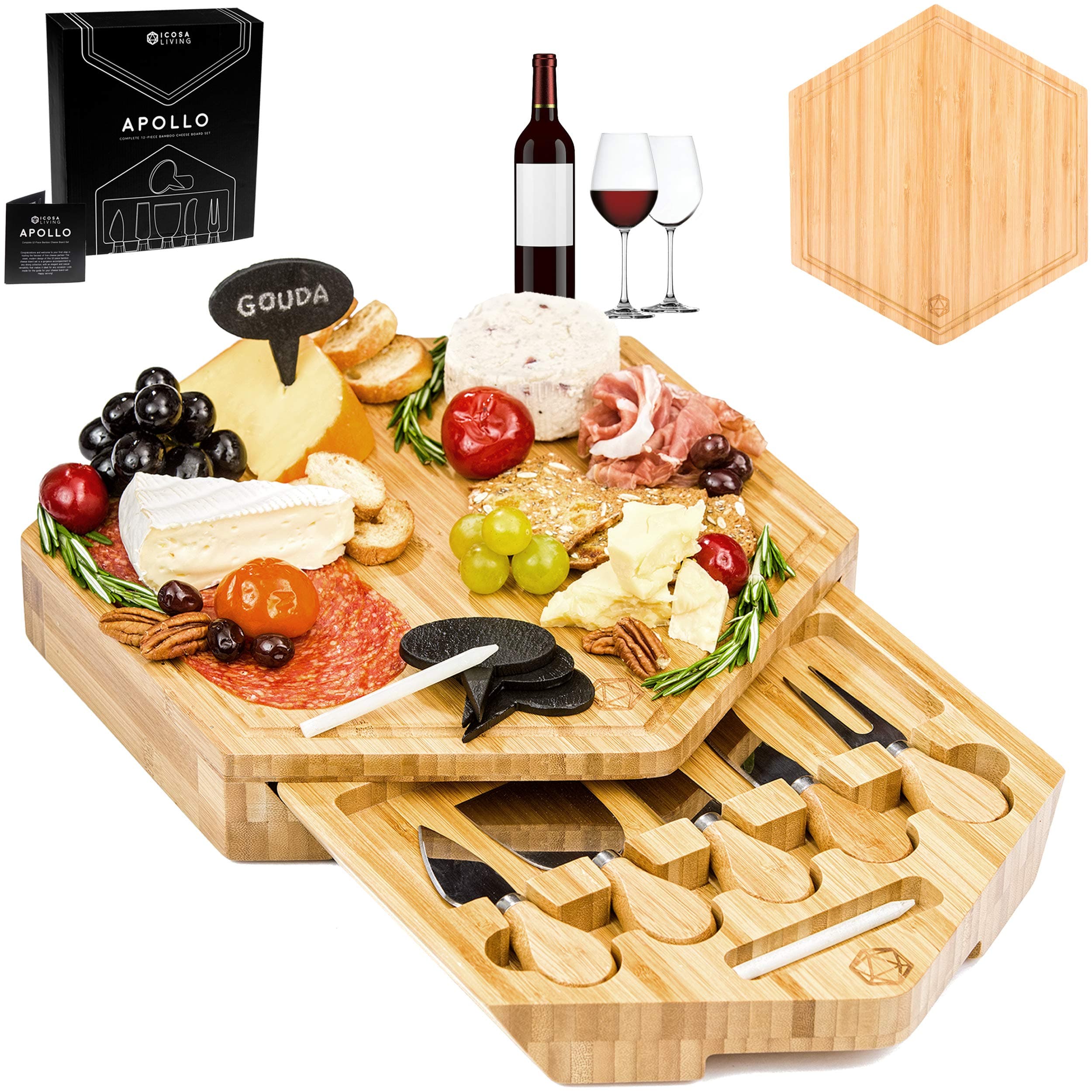 APOLLO 12-Piece Complete Bamboo Cheese Board Serving Set with 5 Cheese Knives and Cheese Markers and Chalk