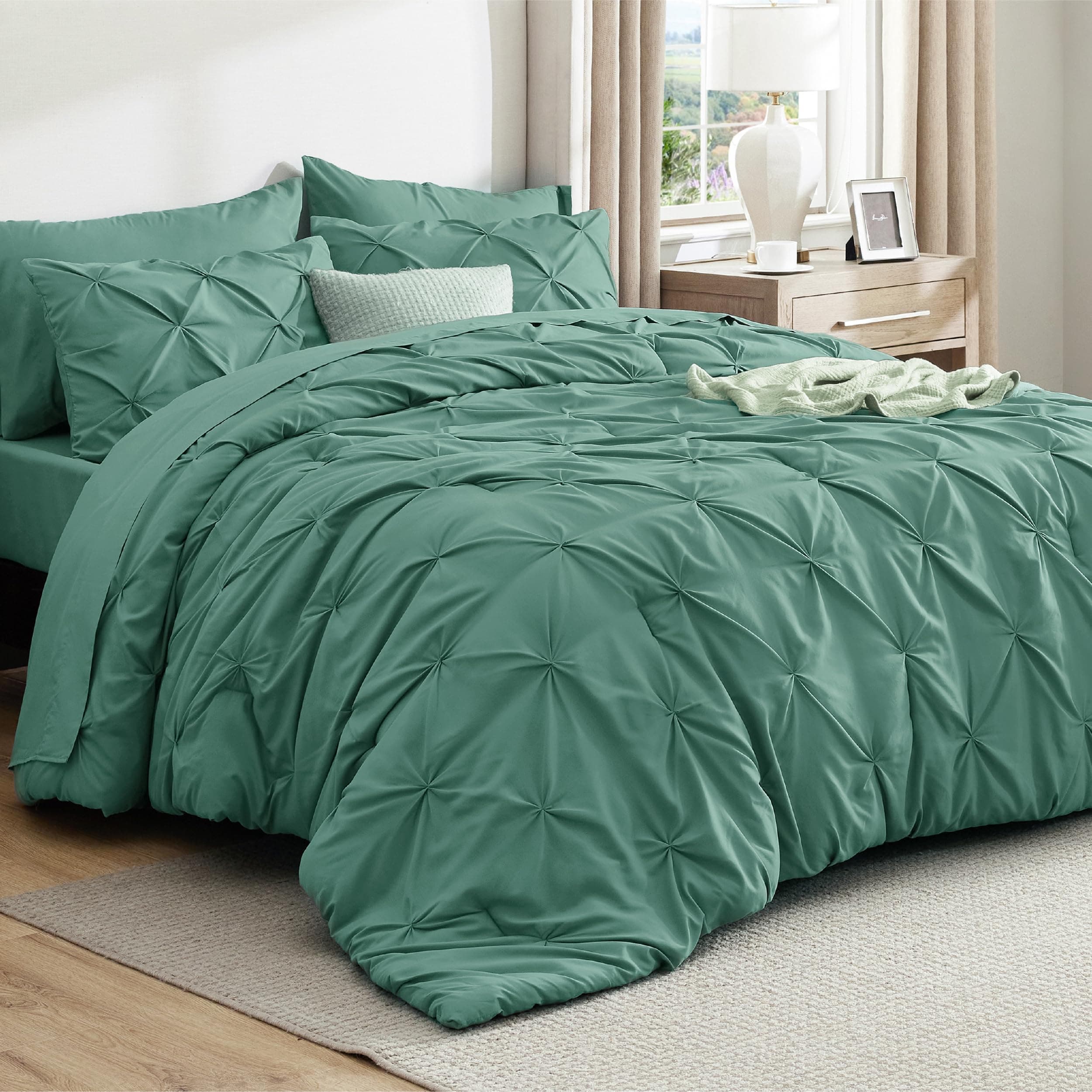 Bedsure Full Size Comforter Sets - Bedding Sets Full 7 Pieces, Pintuck Bed in a Bag Graysih Green Bed Set with Comforter, Sheets, Pillowcases & Shams