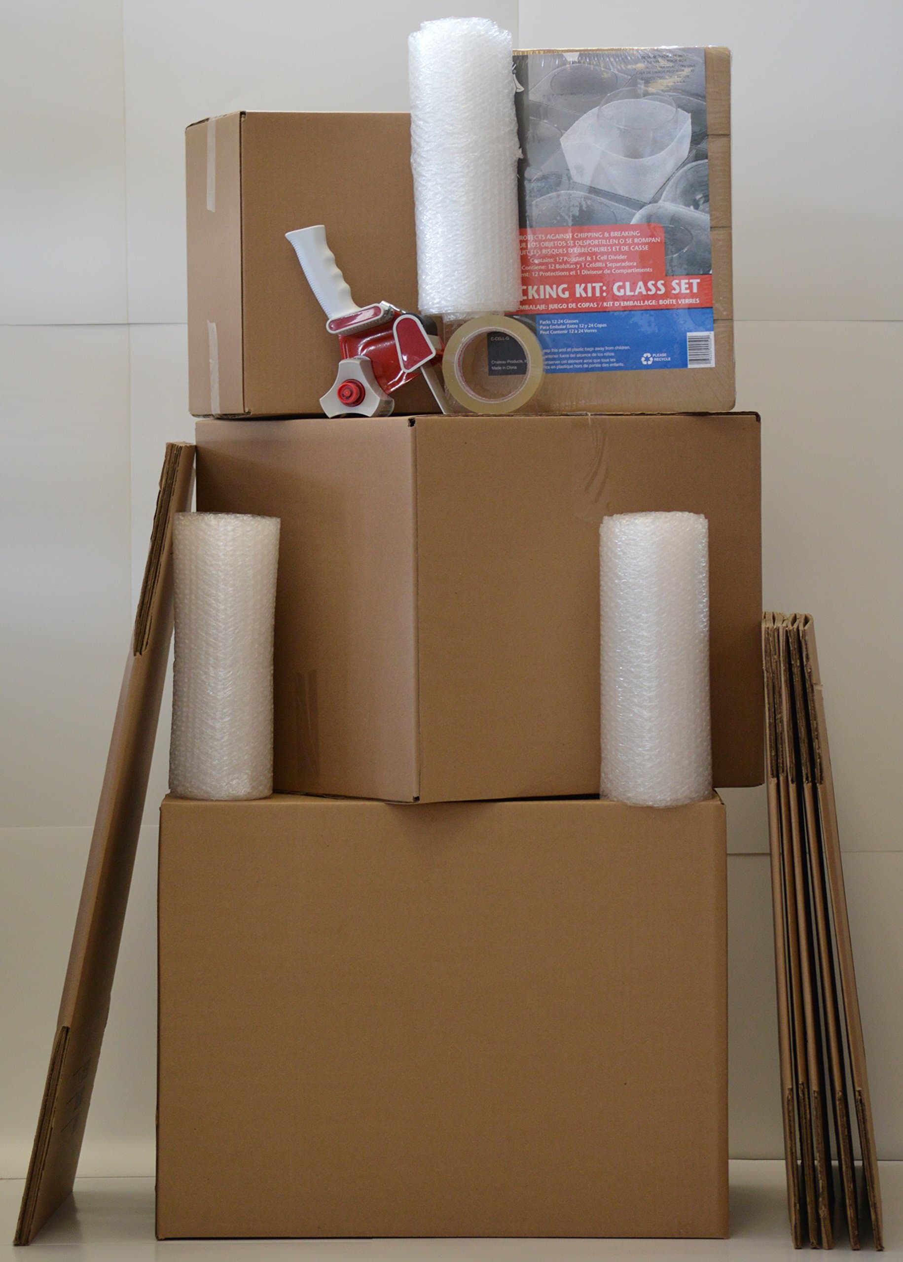 Moving Kit- includes packing kit for glasses, multiple boxes, bubble wrap, tape gun and a roll of tape