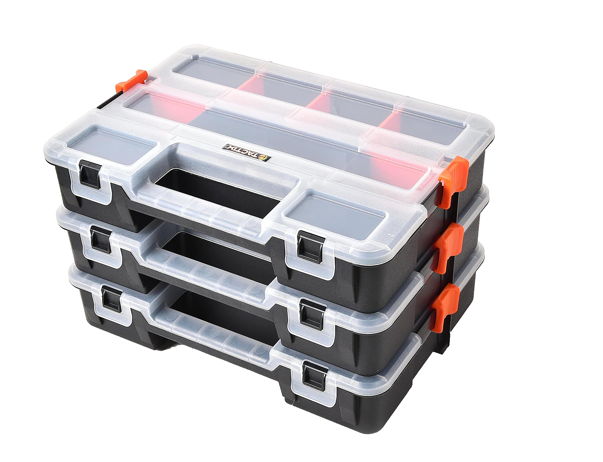 Tactix Assortment Box Suitcase, 3 Stackable Organisers with Removable Dividers, Side Lock for Secure Stacking, 320027