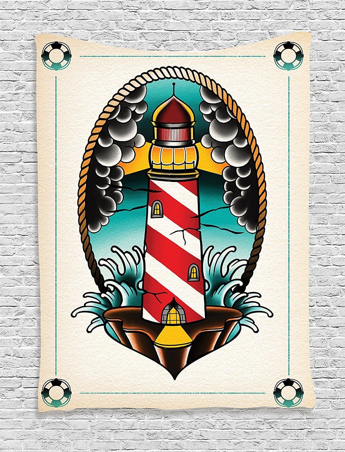 Trippy Art Decor Tapestry, Lighthouse inside Circular Frame Sailor Navigation Nautical Maritime Print, Wall Hanging for Bedroom Living Room Dorm, 60WX80L Inches, Multi