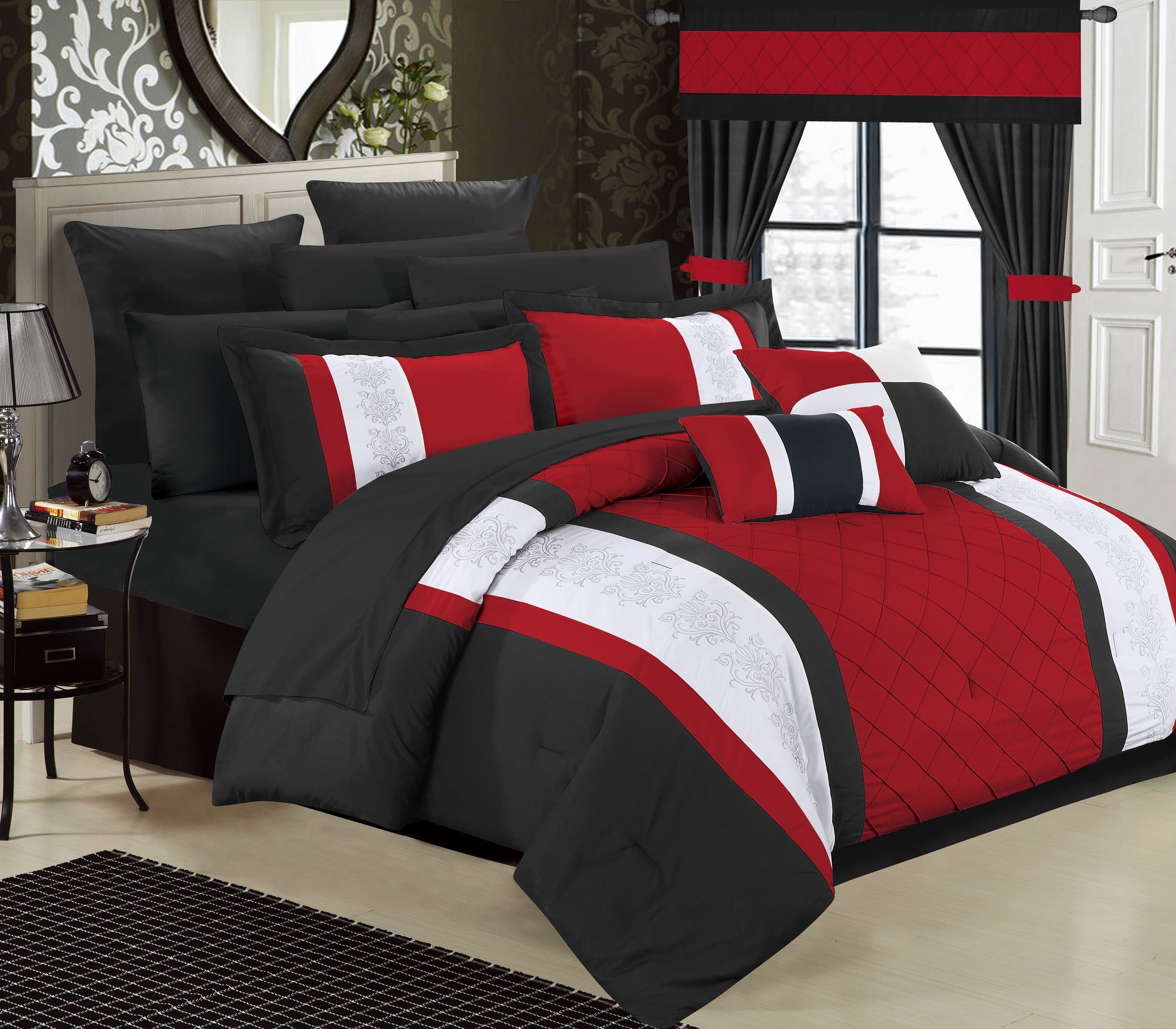 Chic Home Red Bed in a Bag Comforter Set, Queen Size (24 Pieces), Danielle - Pintuck Embroidery Colorblock Bedding - Comforter, Sheets, Shams, Bed Skirt, Pillowcases, Valances, Curtain Ties & Pillows