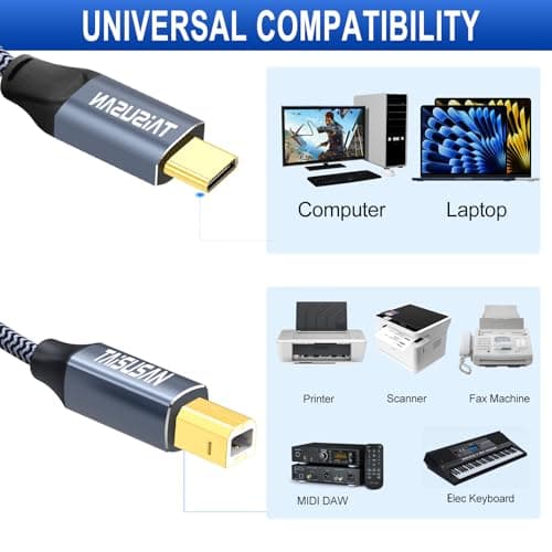 USB C to B Printer Cable 6ft, MIDI Compatible for Keyboard, MacBook Pro/Air, Printers and Scanners