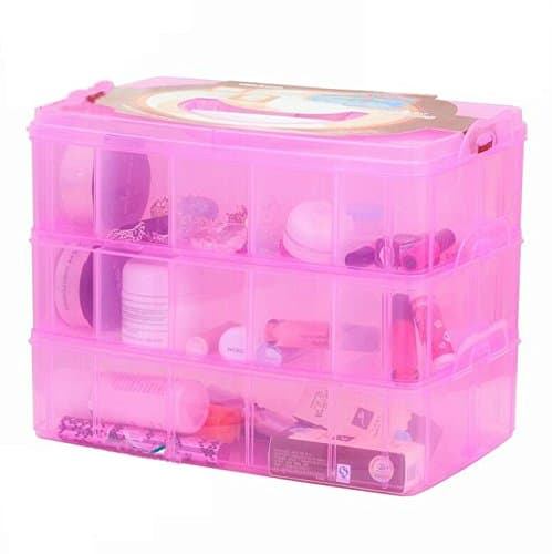 DJUNXYAN 3-Tier 30 Sections Transparent Stackable Adjustable Compartment Slot Plastic Craft Storage Box Organizer For Toy Desktop Jewelry Accessory Drawer Or Kitchen 4 Colors 3 Sizes (Large Pink)