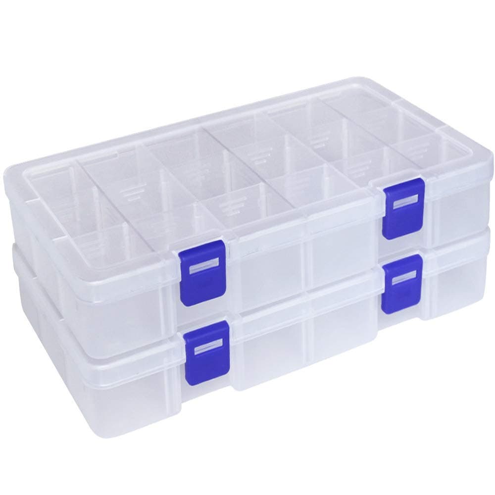 QualsenPlastic Organizer Container Storage Box Adjustable Divider Removable Grid Compartment Big Clear Slot Box for Jewelry Beads Earring Tool Fishing Hook Small Accessories(18 grids, White X 2)