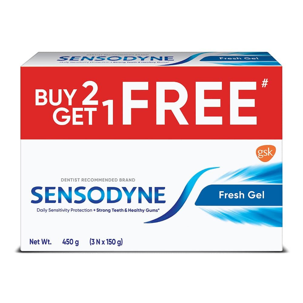 Sensodyne Toothpaste Fresh Gel Combo pack, Sensitive tooth paste for daily sensitivity protection, 450 gm multi-pack (150 gm)
