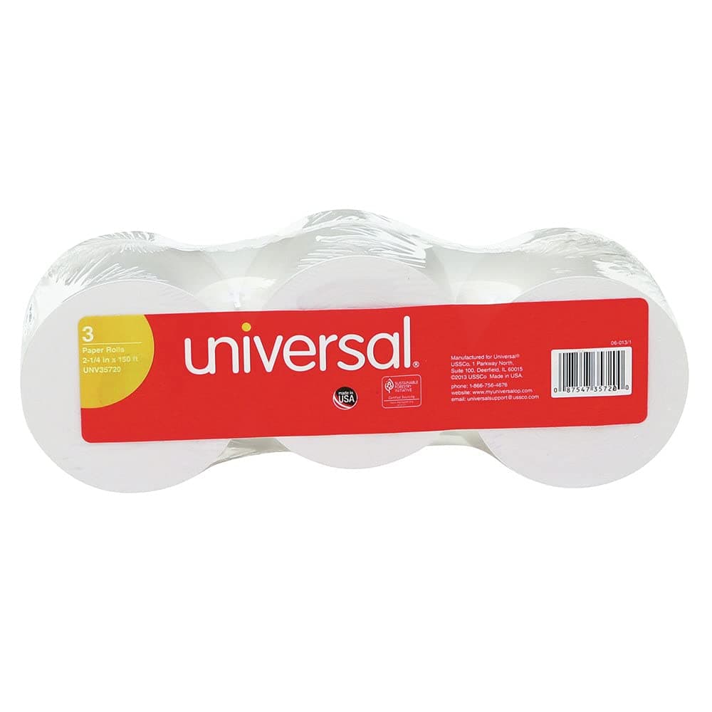 Universal 35720 Adding Machine/Calculator Roll, 16 lb, 1/2" Core, 2-1/4" x 150 ft, White (Pack of 3) (UNV35720)