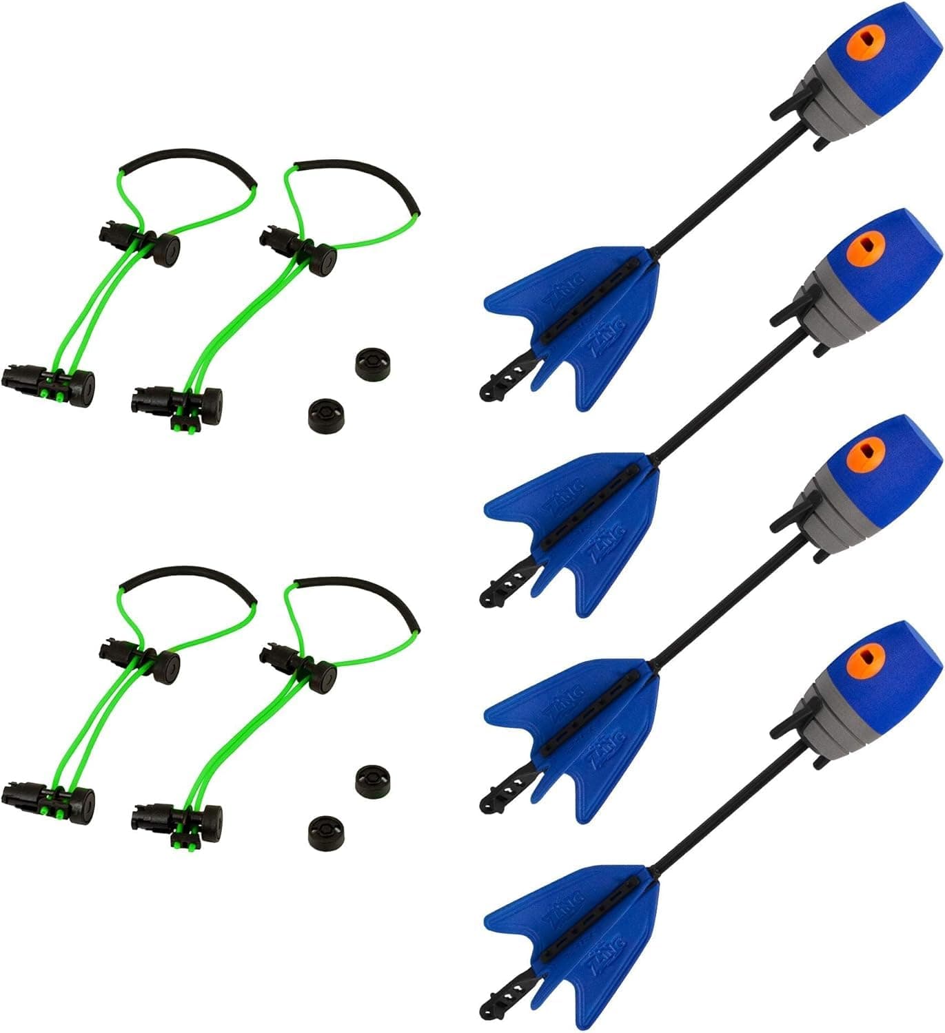 Zing HyperStrike Bow Bungee Replacement and Arrow Refill Pack - Includes 2 Green HyperStrike Bungee Sets and 4 Blue Zonic Whistling Arrows, Launches up to 250 Feet (Blue Arrows + Green Bungees)