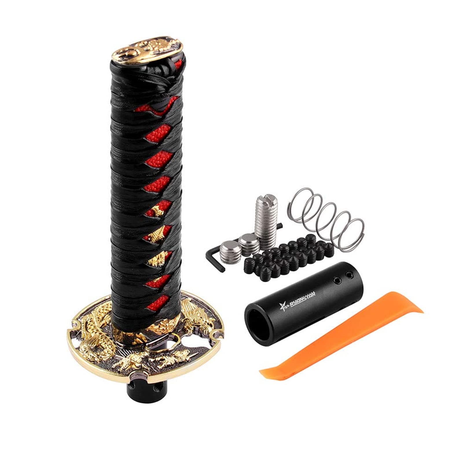 RYANSTAR Samurai Sword Automatic Shift Knob Universal for Lock/Button Automatic Transmission,Cool Katana Gear Shifter Metal Weighted Black&Red