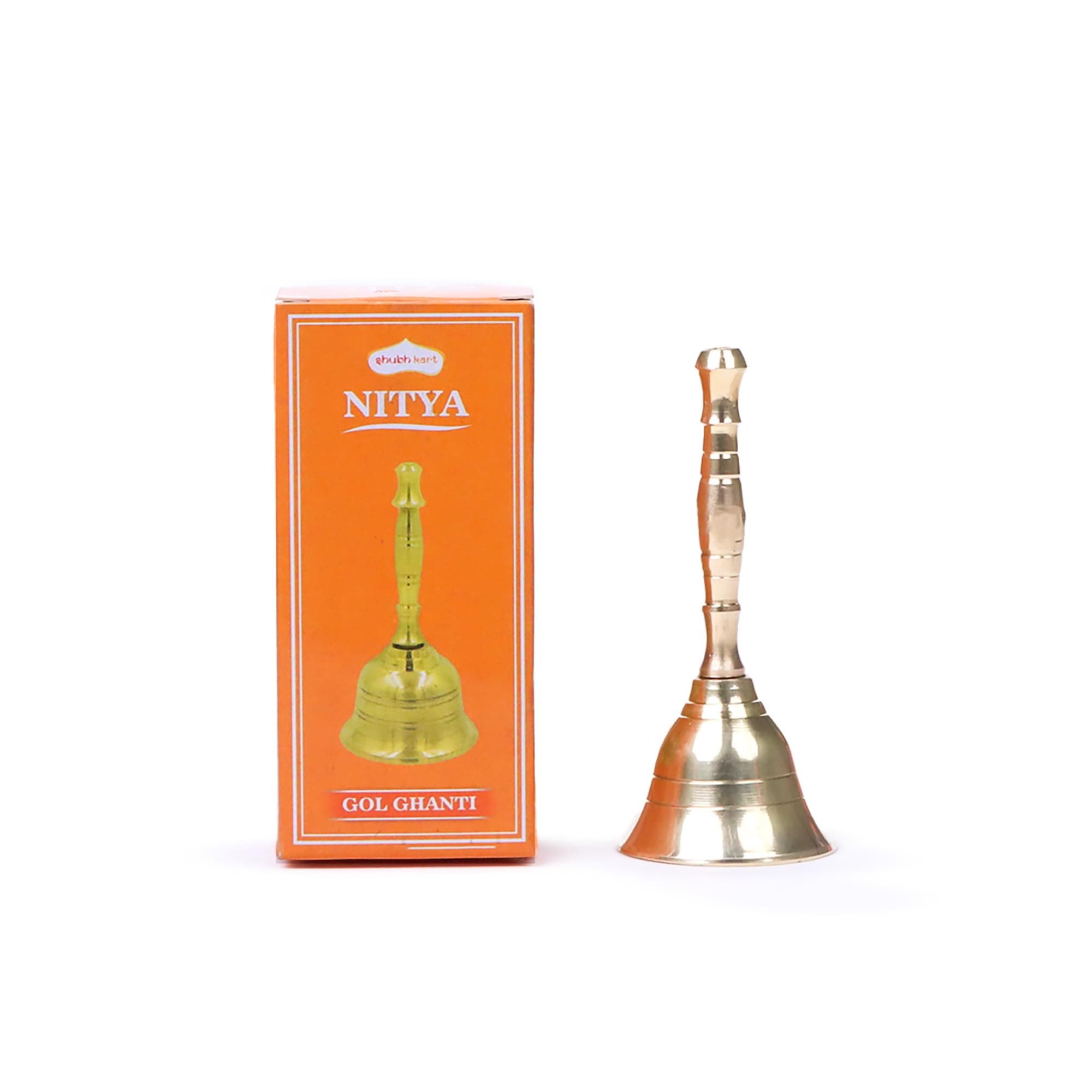 Solid Brass Puja Ghanti, 3.5 Inch Hand Held Temple Bell for Home, Events, Decoration, Food Line, Alarm and Service, Small