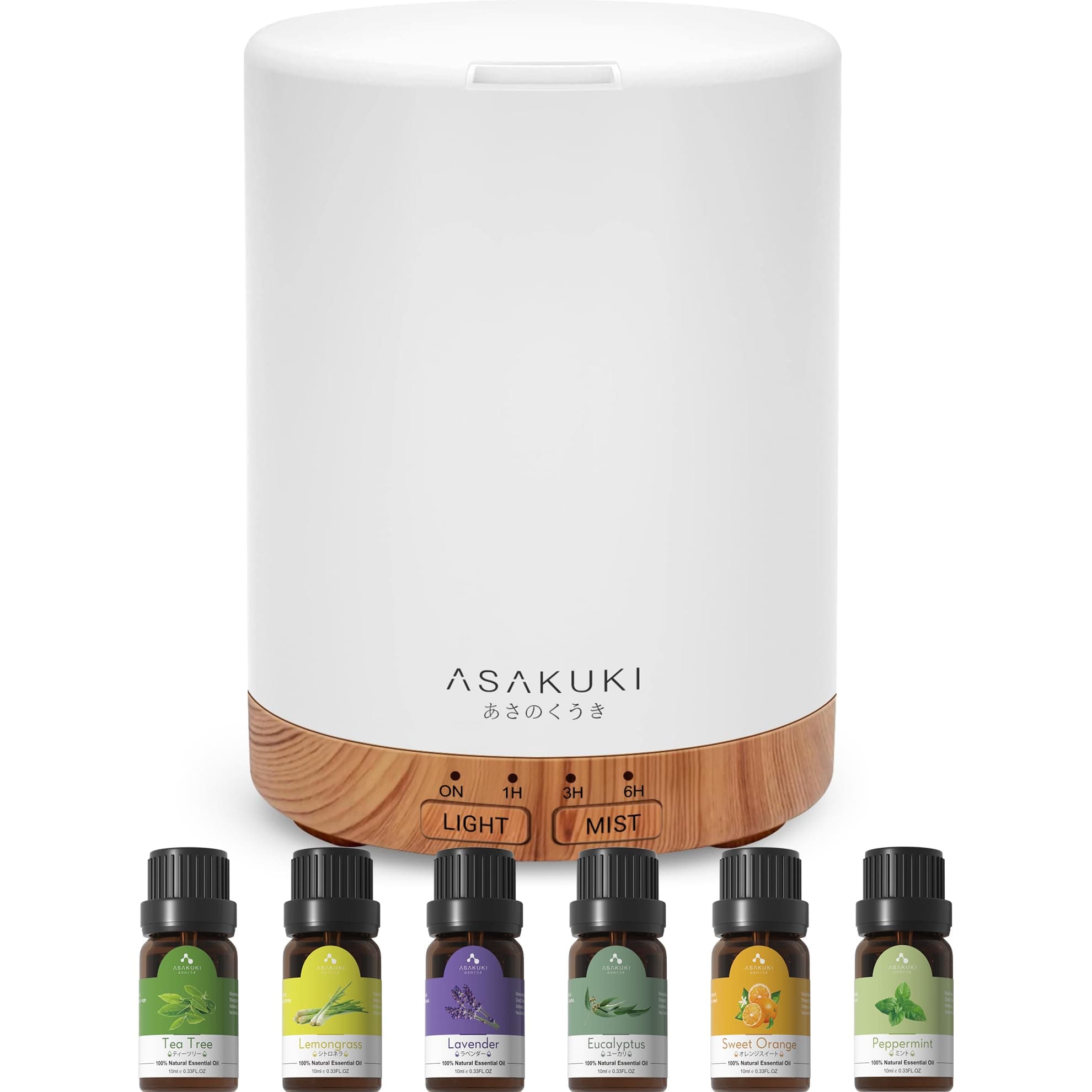 ASAKUKI Diffuser 300ml with 6x10ml Essential Oils Set, Essential Oil Diffuser Ultra-Quiet with 7 Colour Lights, Auto Shut-Off for Home Bedroom Office, Ultrasonic Cool Mist Aroma Diffuser Gift Set