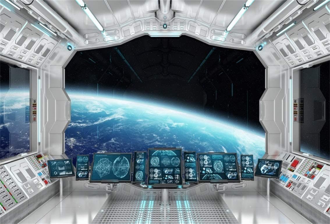 Leyiyi 5x3ft Spaceship Interior Backdrop 3D Universe Workshop Outer Space Travel Science Explore Station Earth Vista Photo Background Cowboy Kids Birthday Portrait Shoot Studio Vinyl Prop Wallpaper