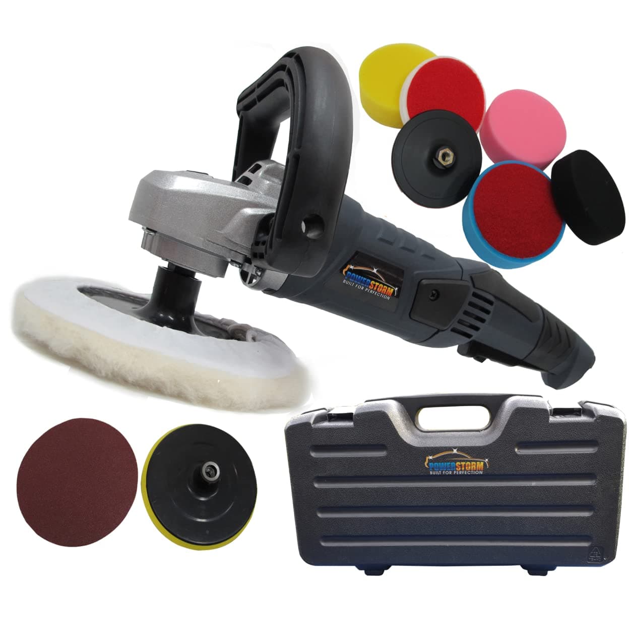 PowerStorm® Car Polisher Sander Buffer with Carry Case Plus 9 Car Polisher Heads Platinum Pack B