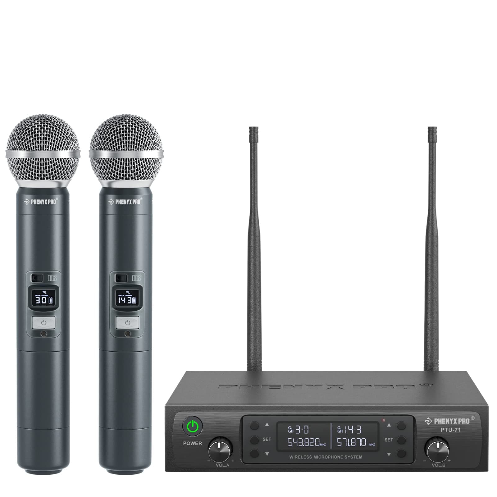 Wireless Microphone System, Dual Wireless Mics,w/ 2 Handhelds, Auto Scan,2x100 UHF Frequencies,328ft Range,Dynamic Microphone for Singing, Karaoke, Church(PTU-71-2H)