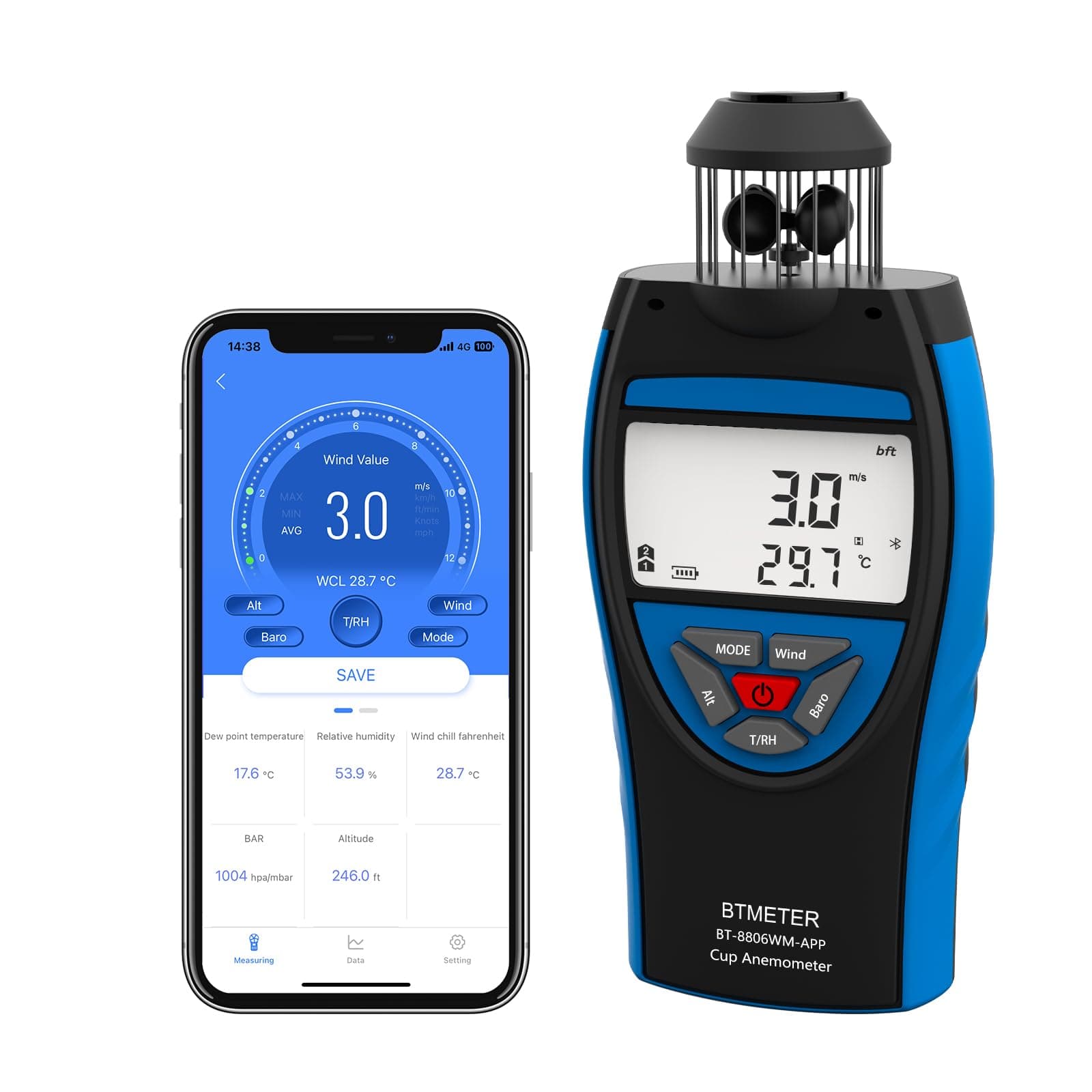 Cup Anemometer Handheld Air Flow Meter, Wind Speed Data Logger w/Barometer Measure Wind Velocity/Temperature/Altitude/Humidity for HVAC Air Ventilation, Drone Hiking Outdoor Activities