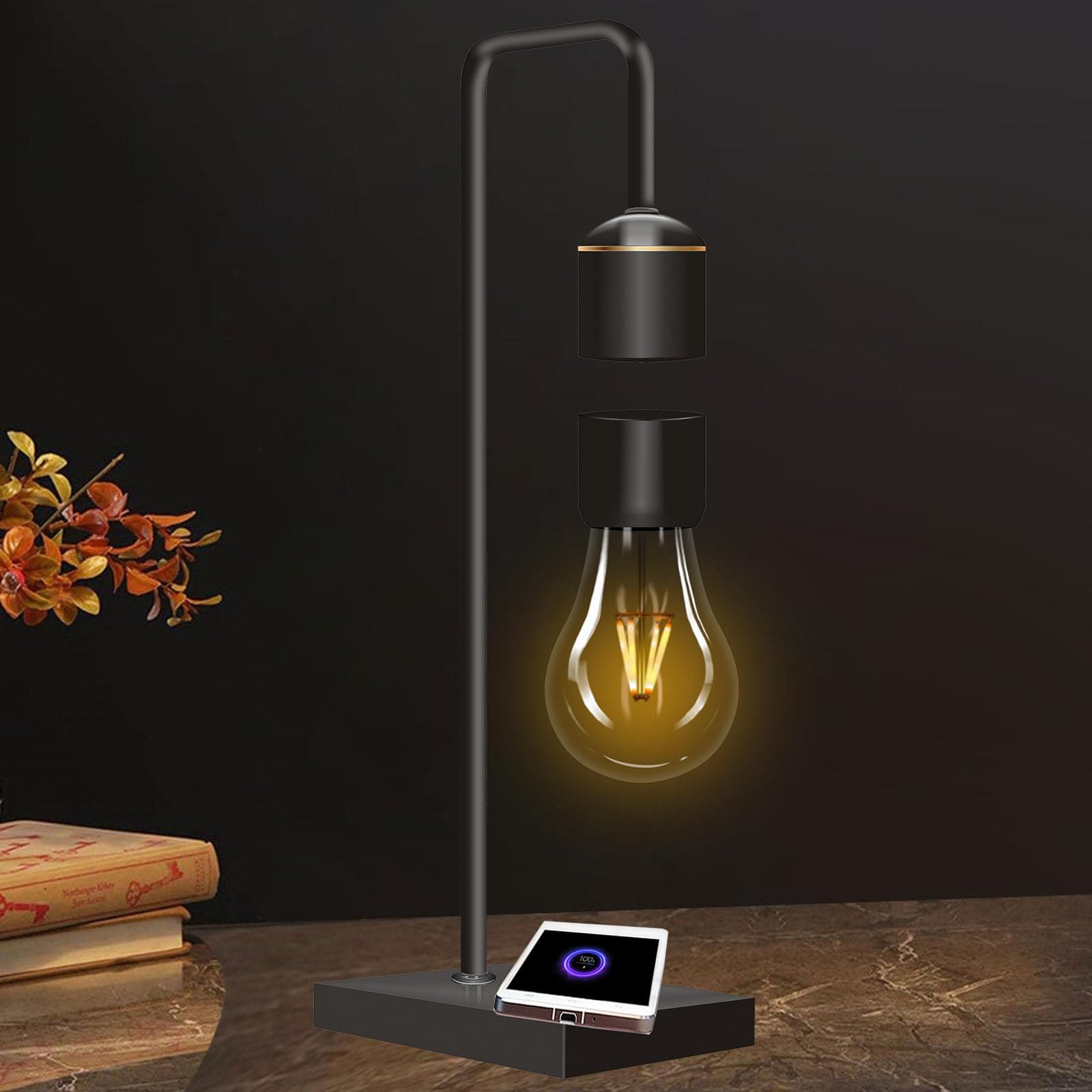 Magnetic Levitating Light Bulb with Luxury Wireless Charging Pad (Apple/Android) Levitation Plastic Black Floating Table Lamp White LED Night Light for Bedrooms Desk Toys Office Gifts