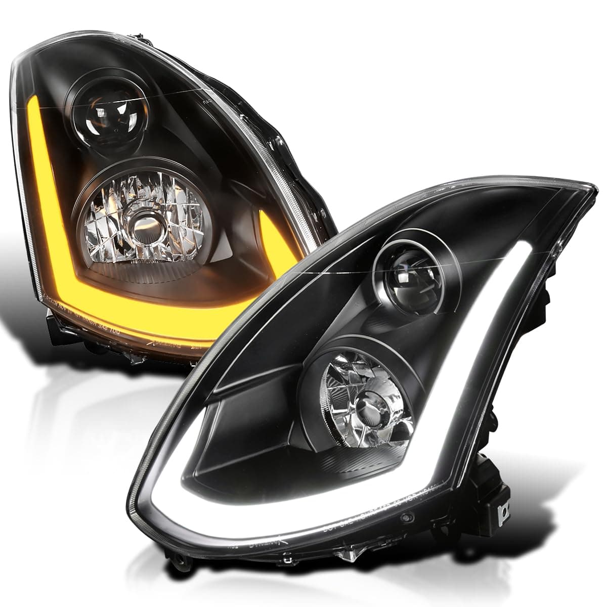 Spec-D Tuning Black Projector Headlight with Sequential LED Strip for 2003-2007 Infiniti G35 Coupe, Left and Right Pair Headlamp Assembly