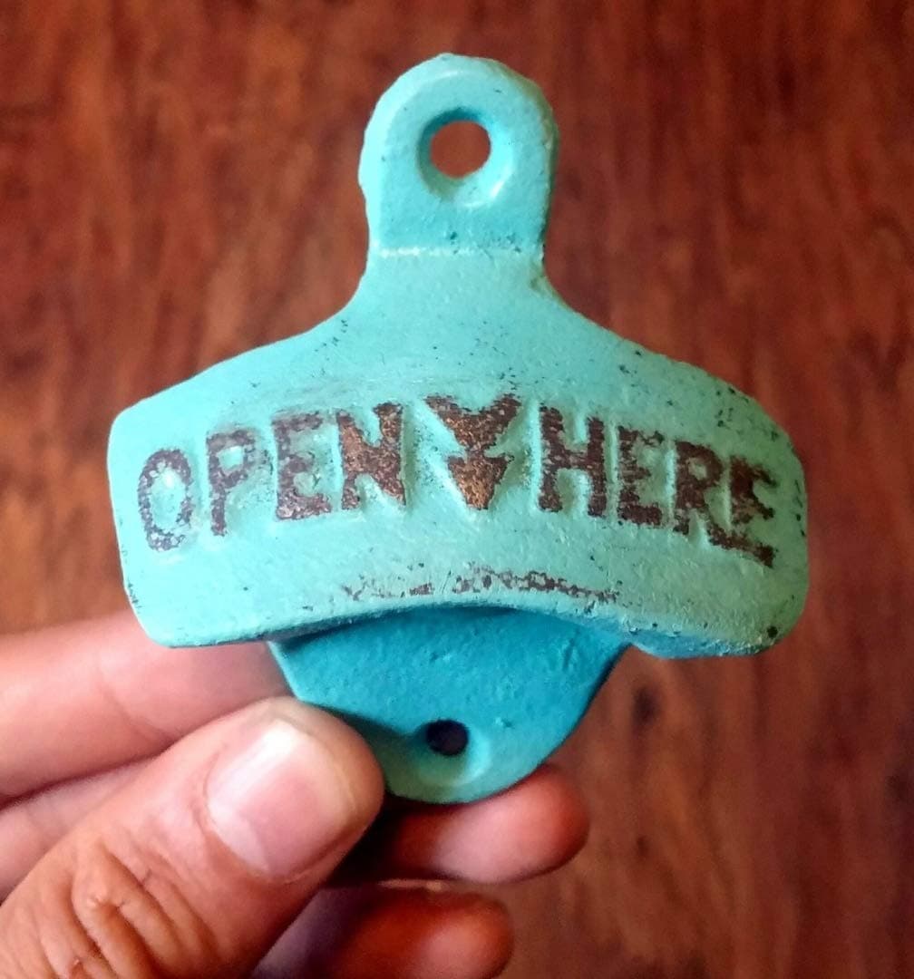 Rustic Cast Iron Wall Mount Bottle Opener Open Here (Mint/Teal)