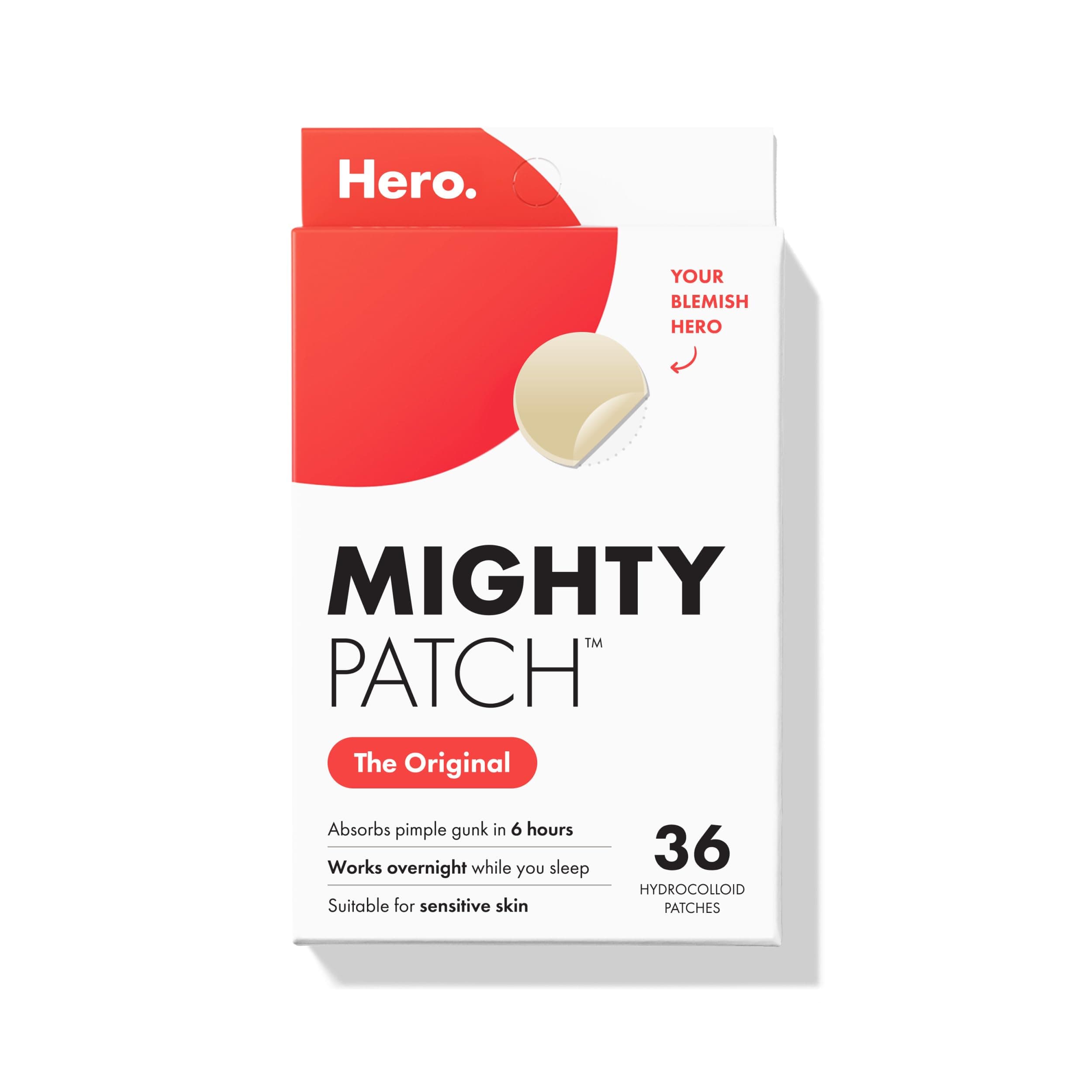 Mighty Patch Original Patch from Hero Cosmetics - #1 Hydrocolloid Acne Pimple Patches for Face, Shrinking Zits & Whiteheads in 1 Use, Nighttime Spot Pimple Stickers for Face, 36 Count