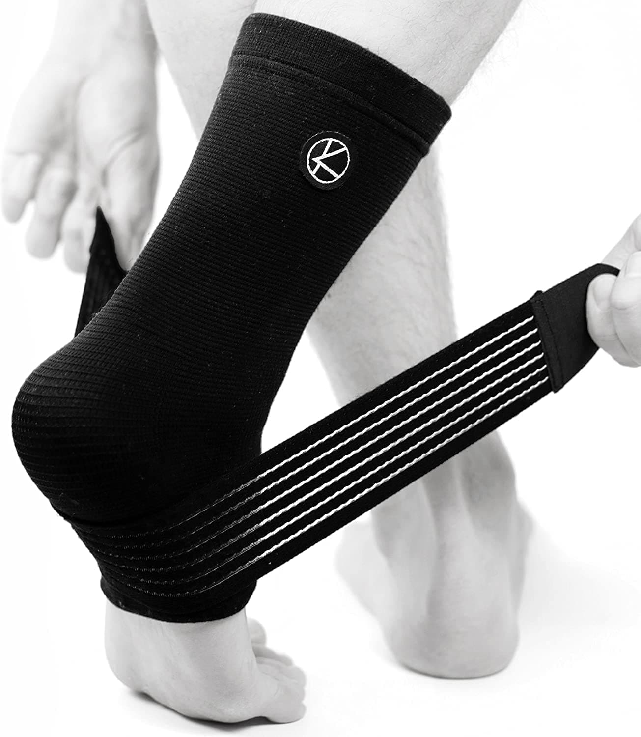 KARM Ankle Compression Sleeve with Compression Support Strap. Achilles Tendon Support Wrap. Achilles Tendonitis Brace for Women and Men (One Size, Black)