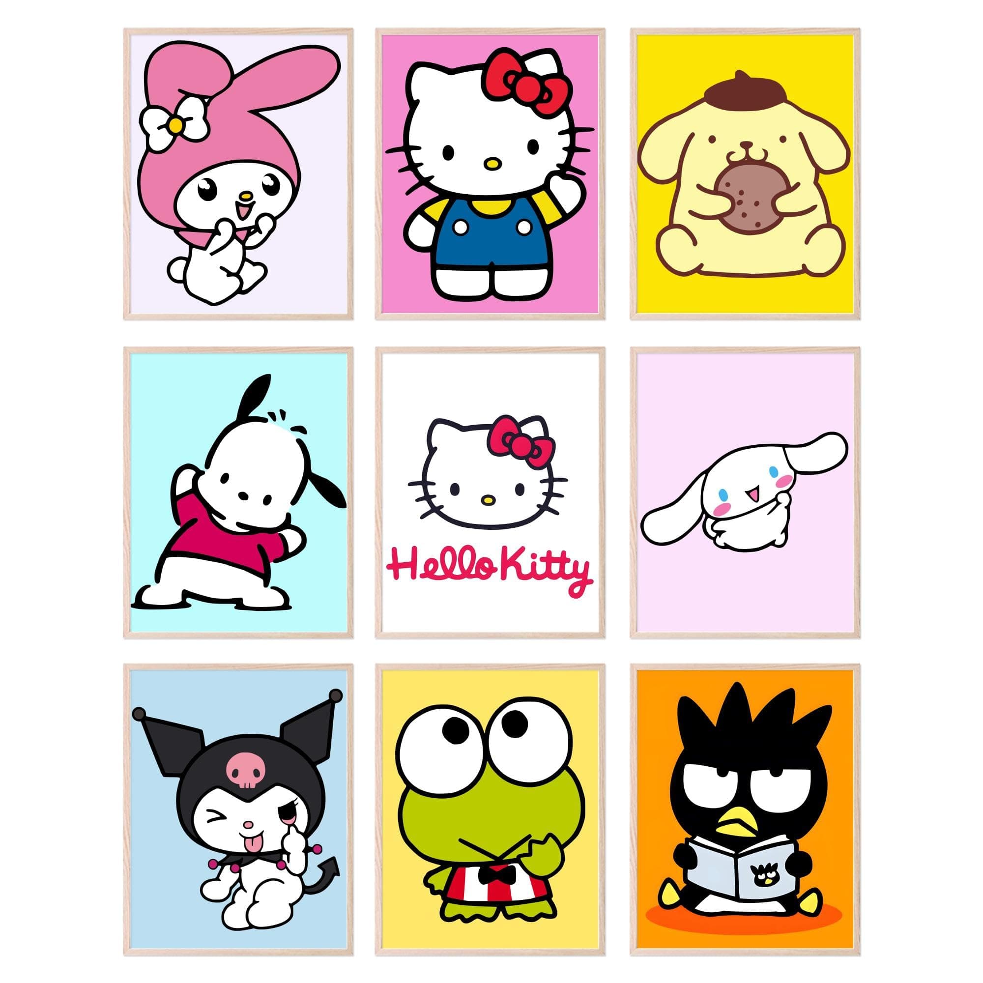 Hello Kitty Poster Set - Hello Kitty Wall Decor, My Melody, Keroppi, Pompompurin, Kuromi, Badtz-Maru, Cinnamoroll, Wall Art Posters for Girls bedroom - Unframed Set Of 9 (8x10”)