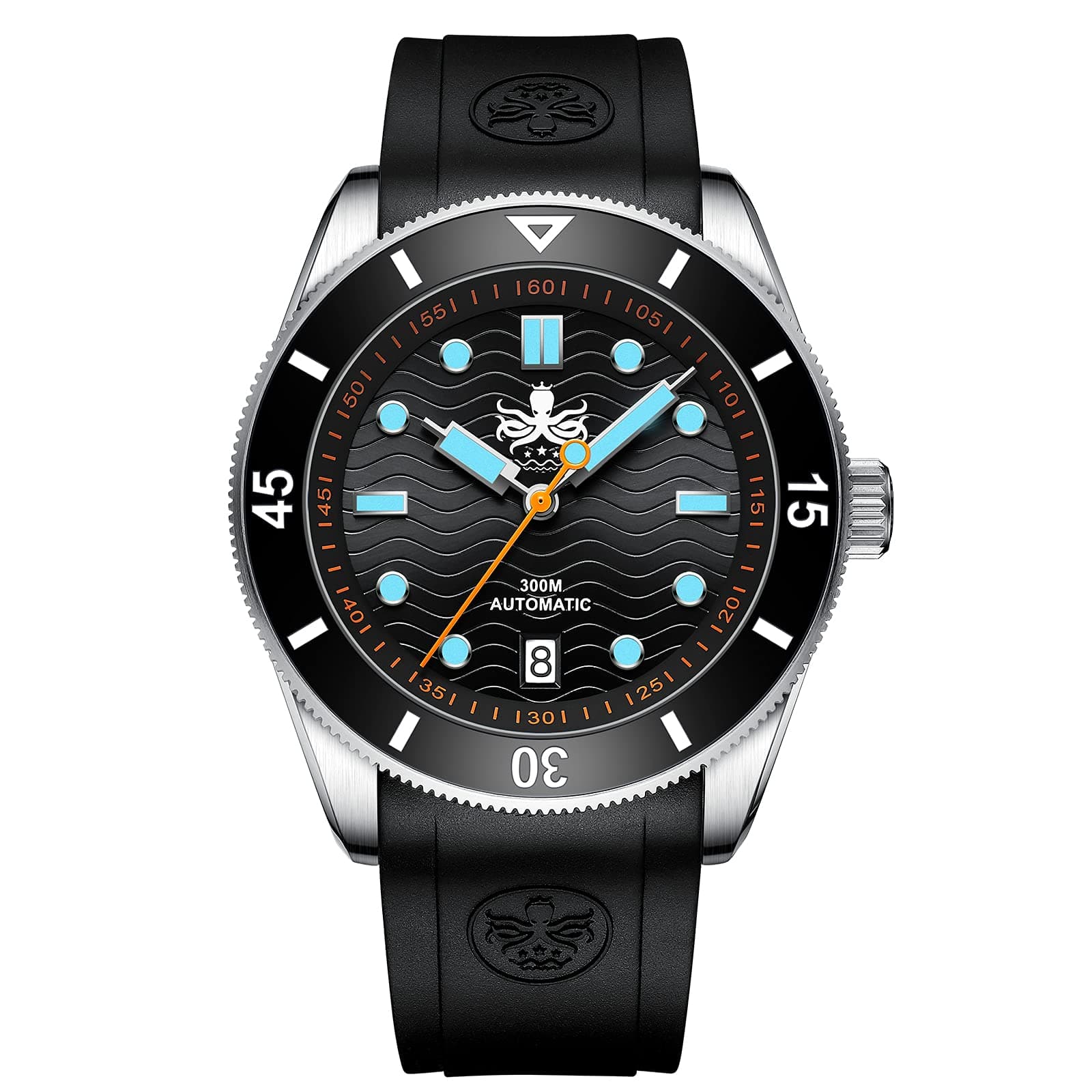 Automatic Men's 300m Diver Watch with Wave Patterned Dial and Rubber Strap Wave Master PY010R