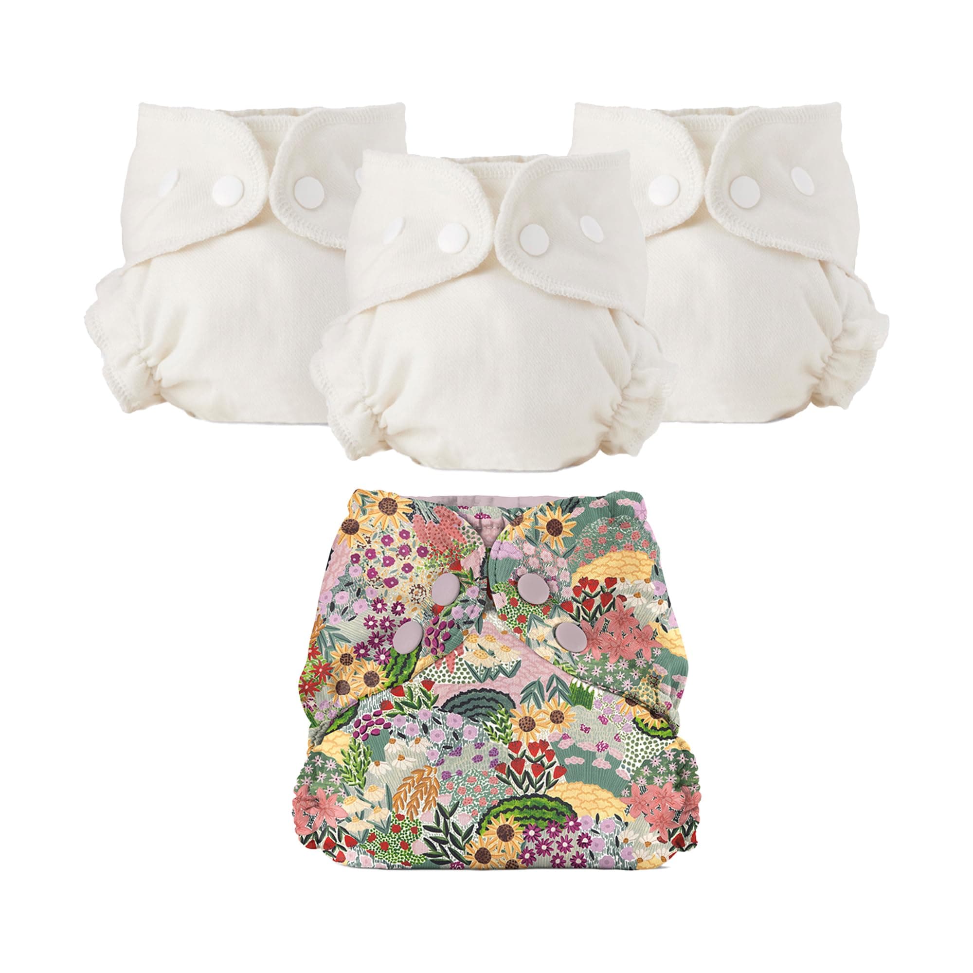 Esembly Cloth Diaper Bundle Set - 3 Organic Cotton Absorbent Inners and 1 Waterproof Outer Diaper Cover - Reusable, Washable, Snap Closure Cloth Diapers - Size 1 (7-17lbs), Botanic Gardens