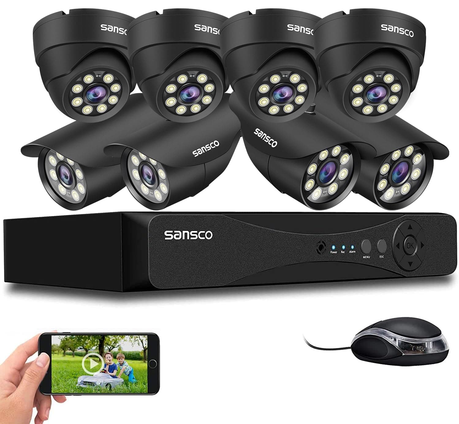SANSCO 3K 8CH CCTV Security Camera System, 8 Channel DVR 24/7 Recording, 8 x 5MP Bullet Dome Camera Outdoor, Color Night Vision, Human Face Vehicle Detection, APP/Email Alert, P2P, No Hard Drive