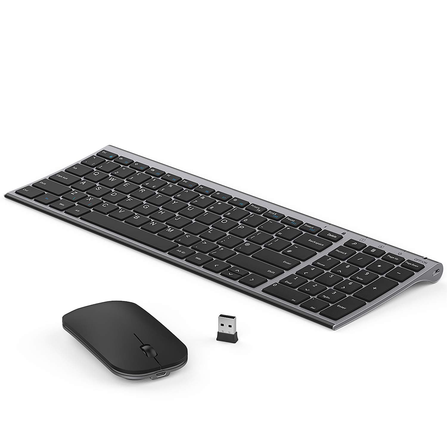 WGJP-031B Wireless Keyboard Mouse Set, Ultra Thin Compact Rechargeable Aluminum Silent Computer Keyboard & Mouse Combo UK QWERTY Layout for Office, Home, Business, Black and Space Gray