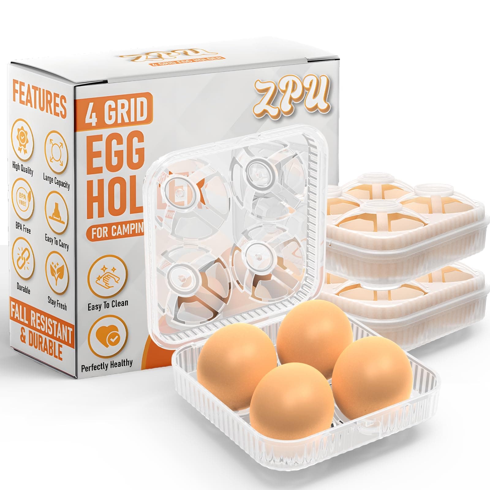 ZPU Egg Holder Camping, 1Pcs 4 Grid Egg Container, Plastic Egg Carrier for Camping Picnic Travel Outdoor Refrigerator Kitchen, Clear White