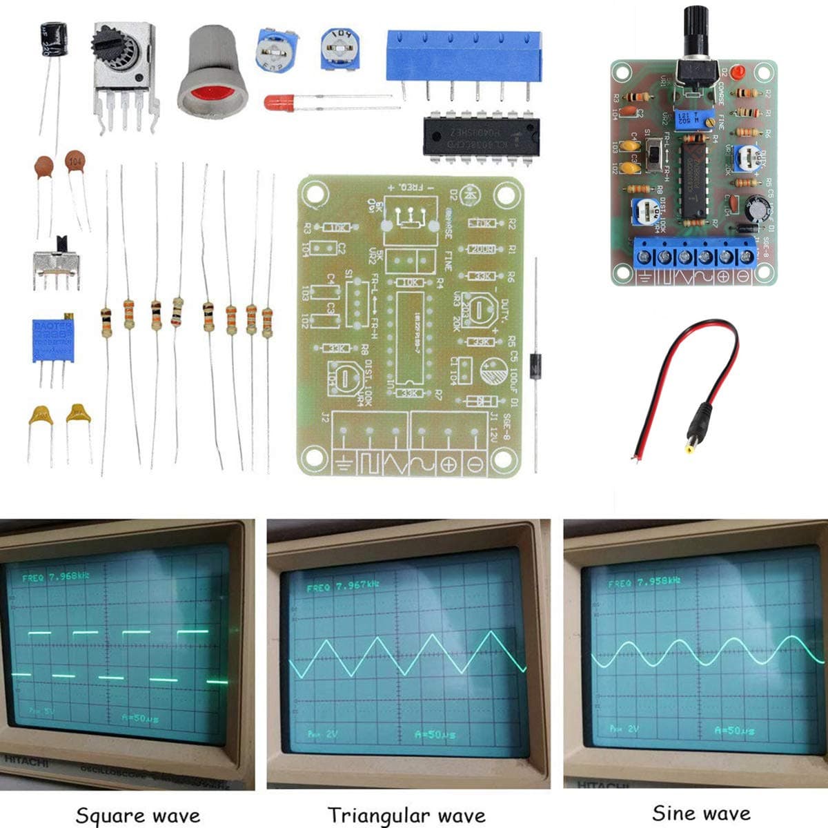 Signal Generator Module Monolithic Function Waveform ICL8038 DIY Kit Sine Triangle Square Wave Signal DC 12V Output 7KHz-50Hz Adjustable Frequency + 12V DC Power Male Jack Connector Cable