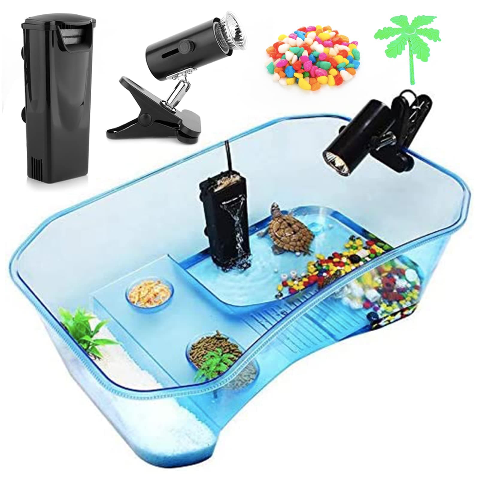 Turtle Tank with Multi-Function Areas, Easy Assembly, Ideal for Small Turtles & Reptiles, Includes Plastic Tree & Fishing Net