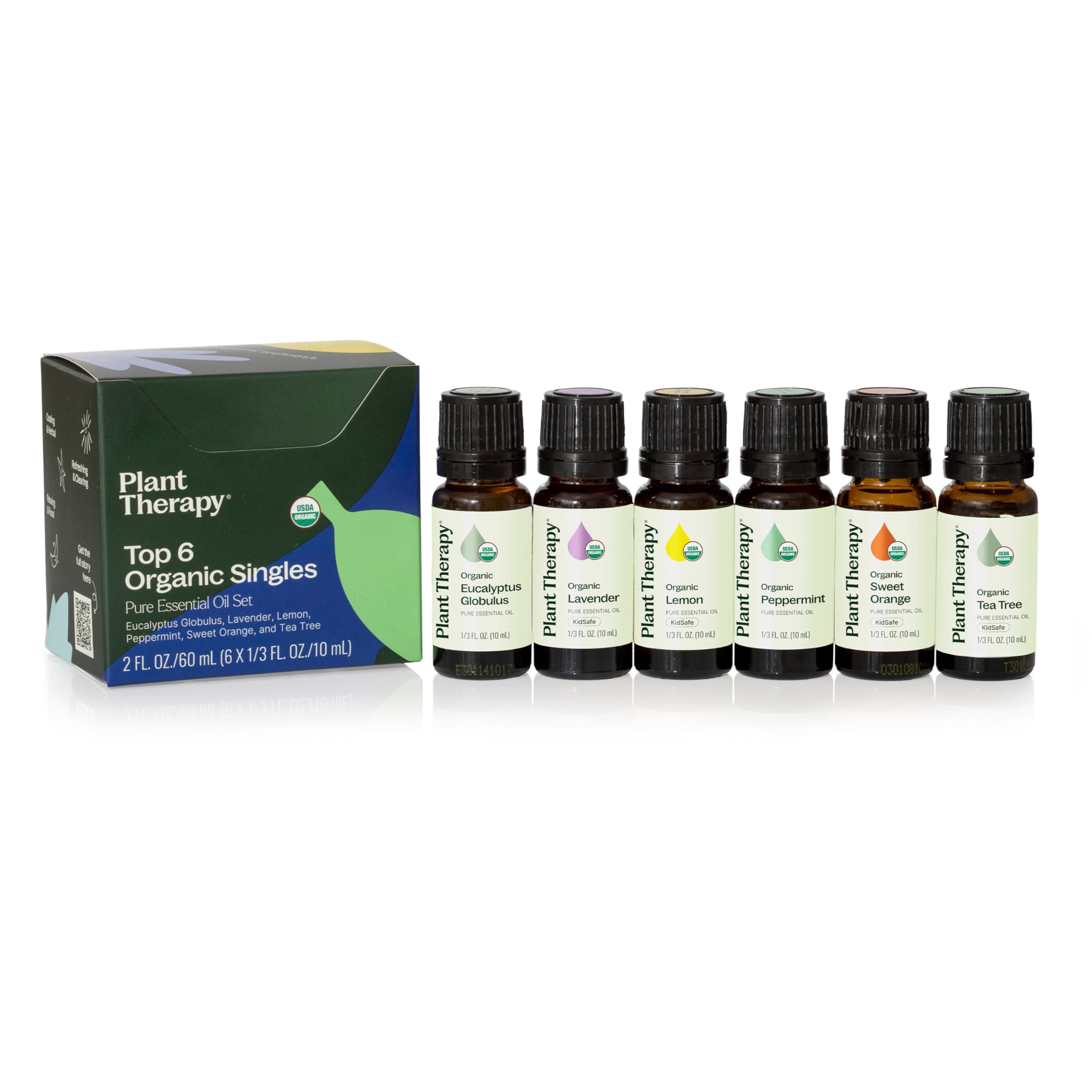 Plant Therapy Top 6 USDA Certified Organic Essential Oils Set. Includes: Eucalyptus, Lavender, Orange, Peppermint, Lemon and Tea Tree. 10mL (1/3 Ounce) each.