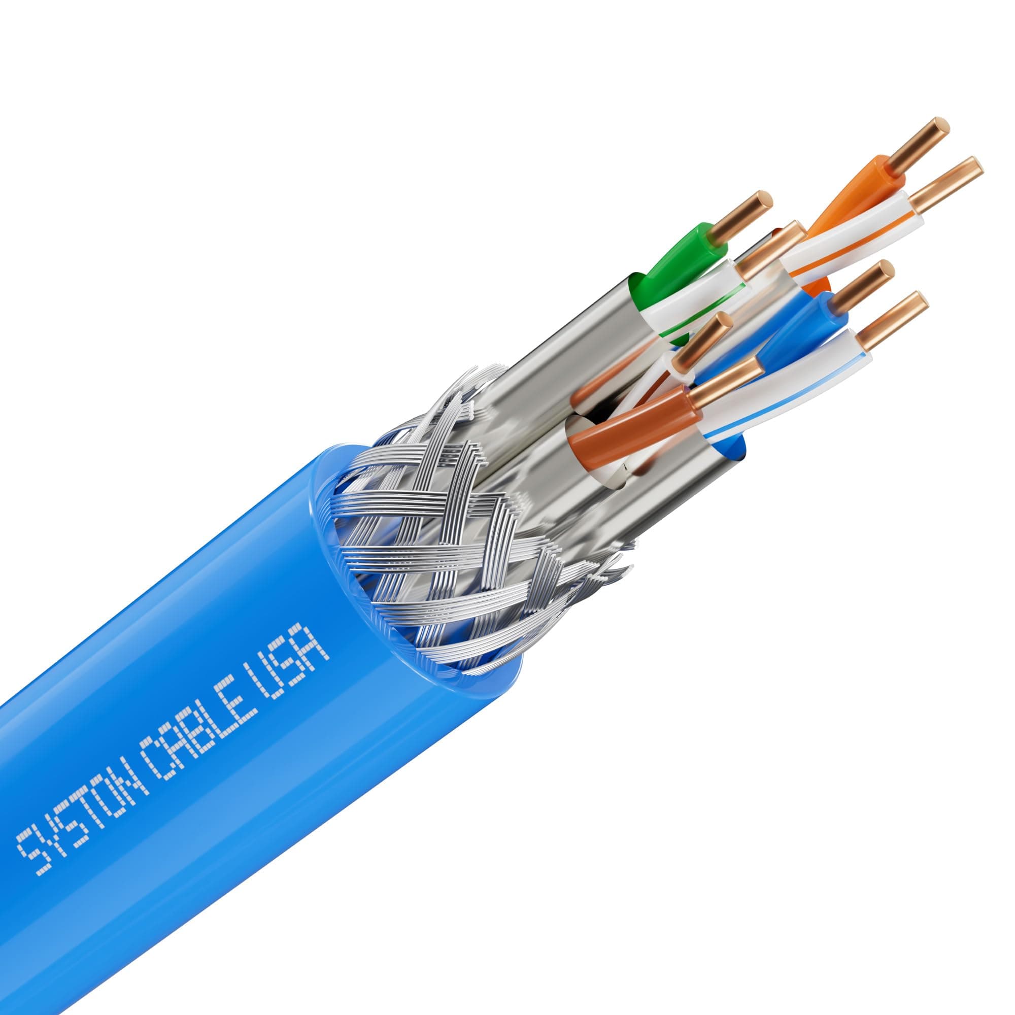 Cat8 Ethernet Cable 2000MHz Bulk Raw 100 ft Solid Bare Copper Wire S/FTP Individual Shielded Tinned Copper Braid Shield 4 Pair 22 AWG Riser Rated CMR FT4 Sunlight Resistant 1 ft to 1000 ft Available