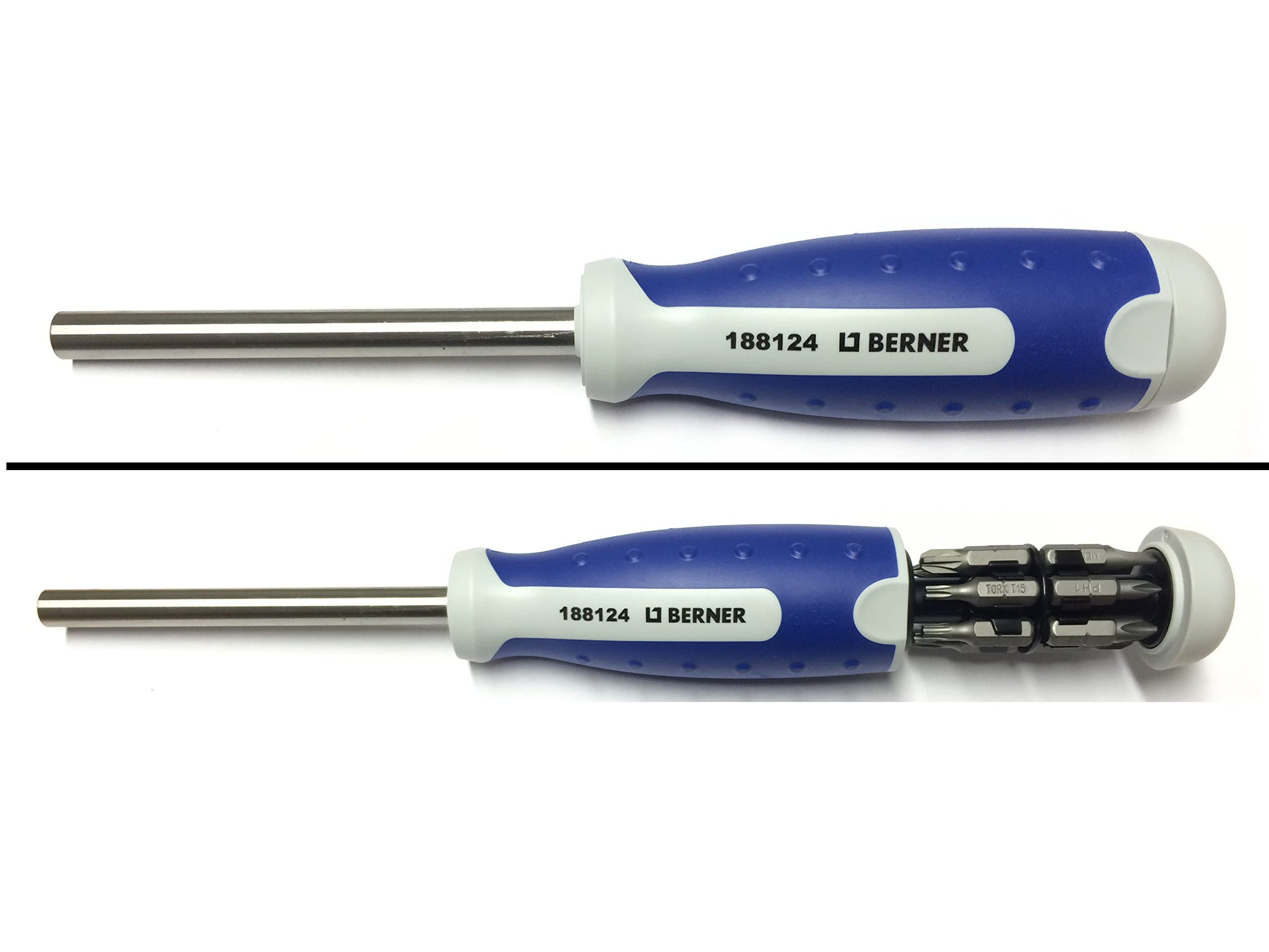 Berner Megapro Screwdriver with Bit Storage in the Handle Includes 12 Bits Round Blade with Long Design Magnetic Bit Torx Screwdriver Bit Set