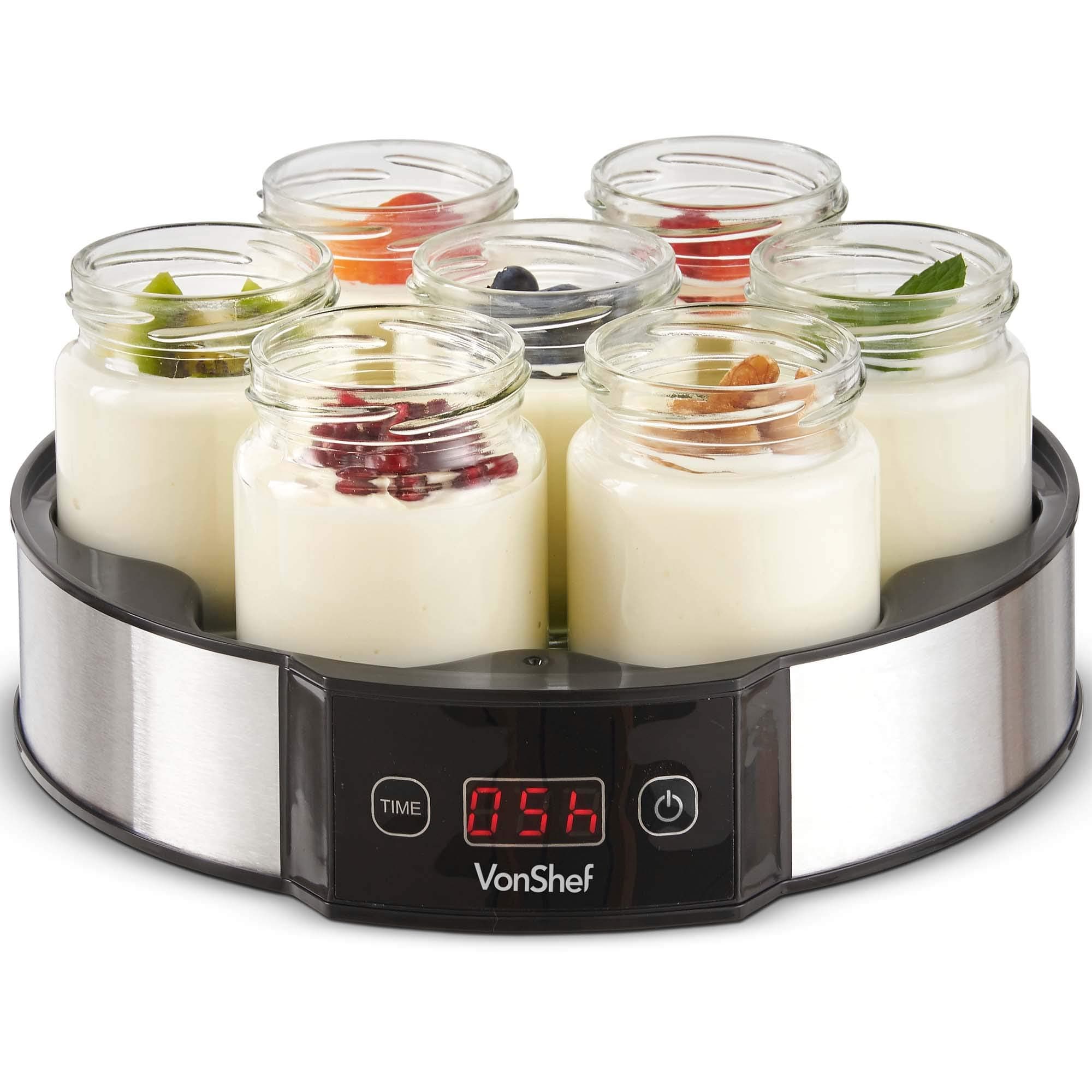 Digital Yoghurt Maker with 7 Jars – Electric, Compact, Stainless Steel Machine with LED Display & Timer, 180ml Glass Containers/Yoghurt Pots - For Making Fresh, Healthy Homemade Desserts
