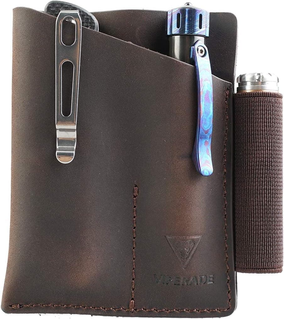 VIPERADE PJ12 EDC Leather Sheath, Multitool Sheath/Tools Holster/Knife Belt Sheath/Flashlight Sheath for Leatherman Multitools/Knife Sheath, Handmade Organizer Sheath with 2 Pockets - Brown