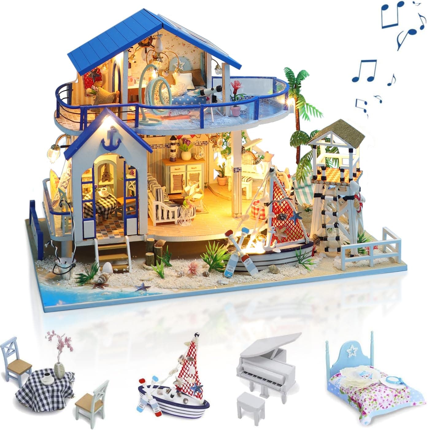 DIY Miniature Dollhouse Kit, Miniature House Kit 1:24 Scale,Tiny House kit with Music and Furniture Kit, Great Gift for Birthday Christmas, Blue Sea Legend
