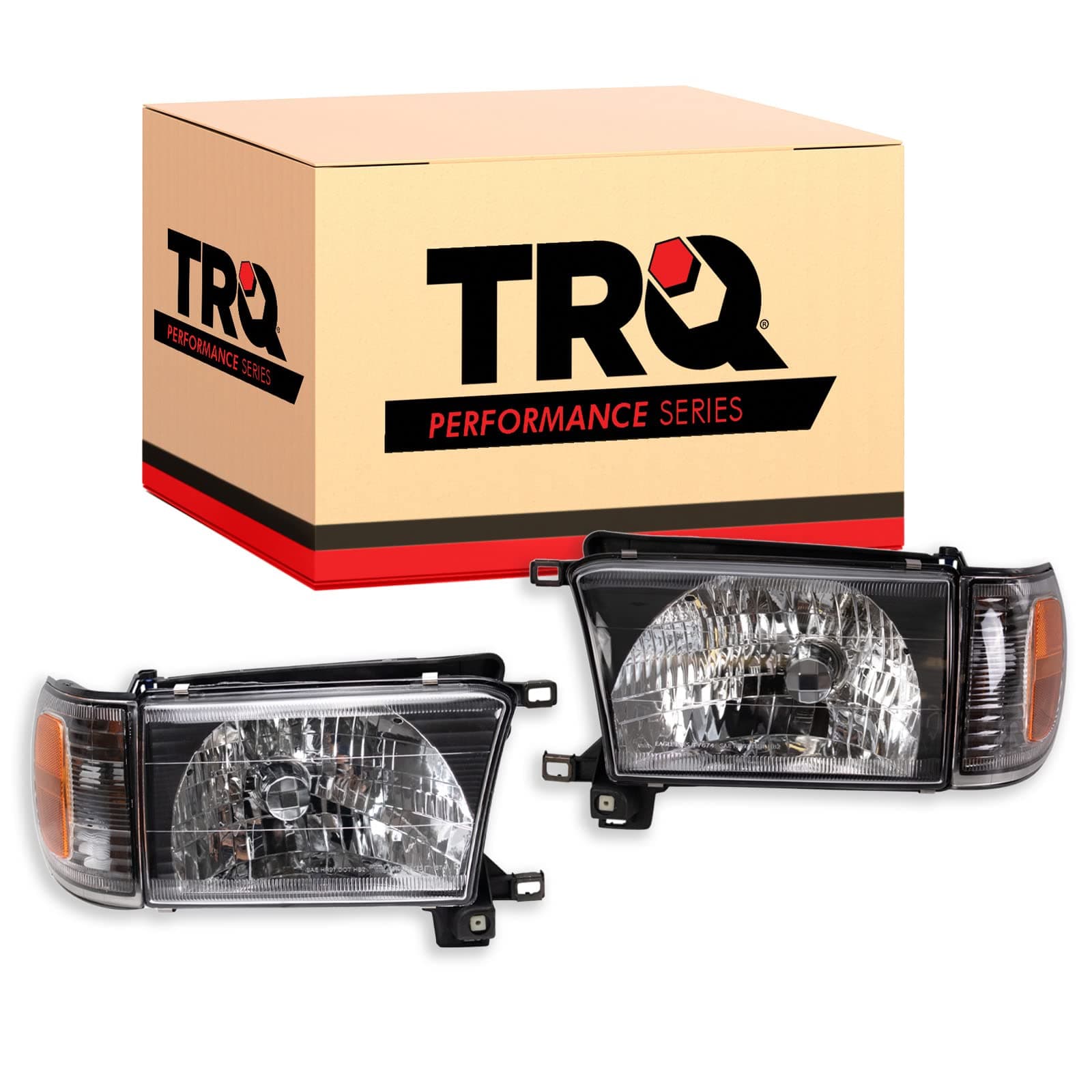 TRQ Performance Driver and Passenger Side Headlight Assembly Set Black Housing Compatible with 99-02 Toyota 4Runner